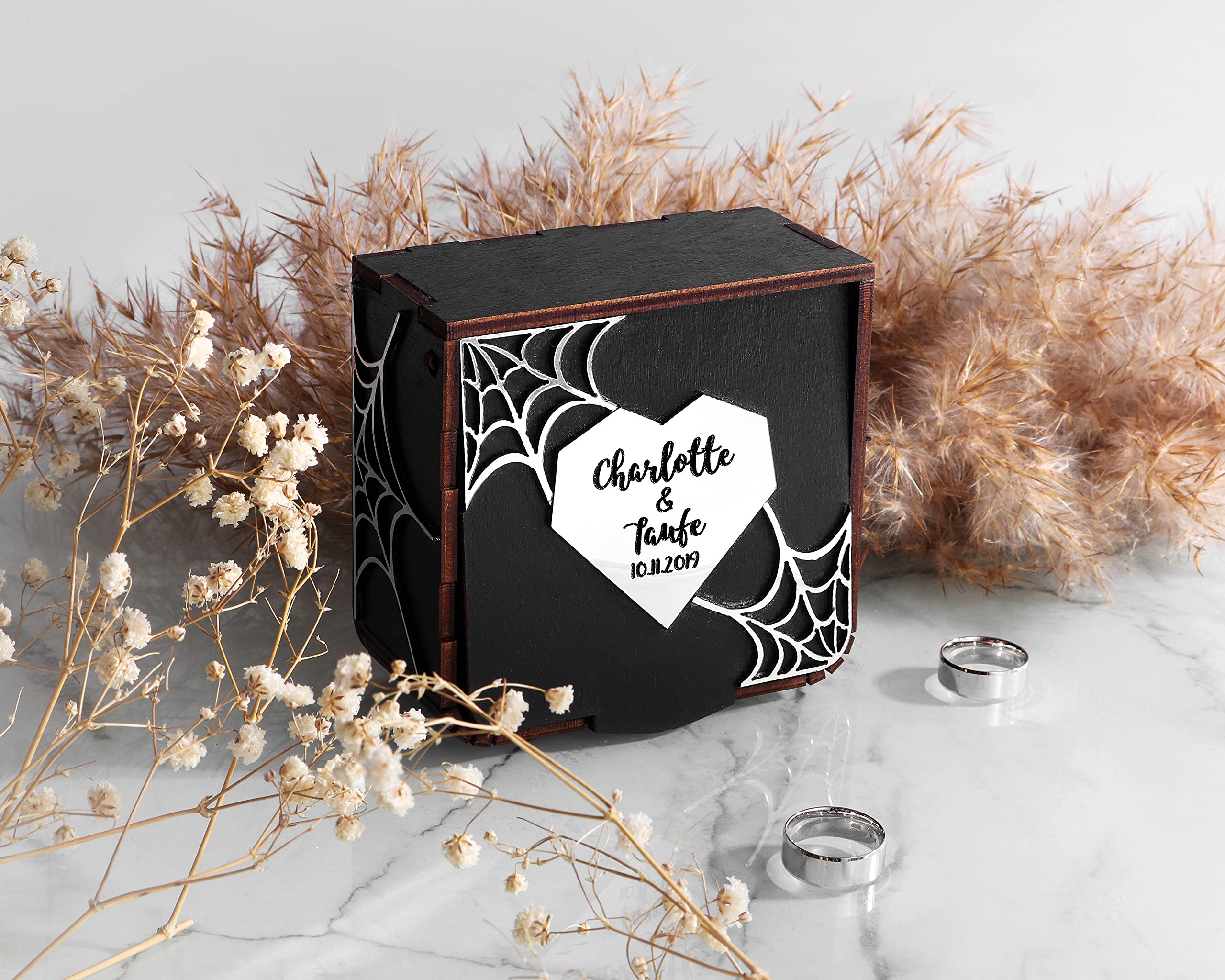 Gothic Wooden Cobweb Ring Box for Halloween Wedding - Elegant Ring Bearer Box with 'Til Death Do Us Part' Engraving - Perfect for Gothic Wedding Decorations & Spooky Reception Decor
