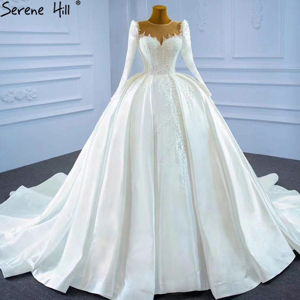 Serene Hill Muslim Satin White Luxury Wedding Dress 2025 with Beading Pearls - Elegant Ball Gown Bridal Dress HM67259 Custom Made for Wedding Ceremony & Special Occasions