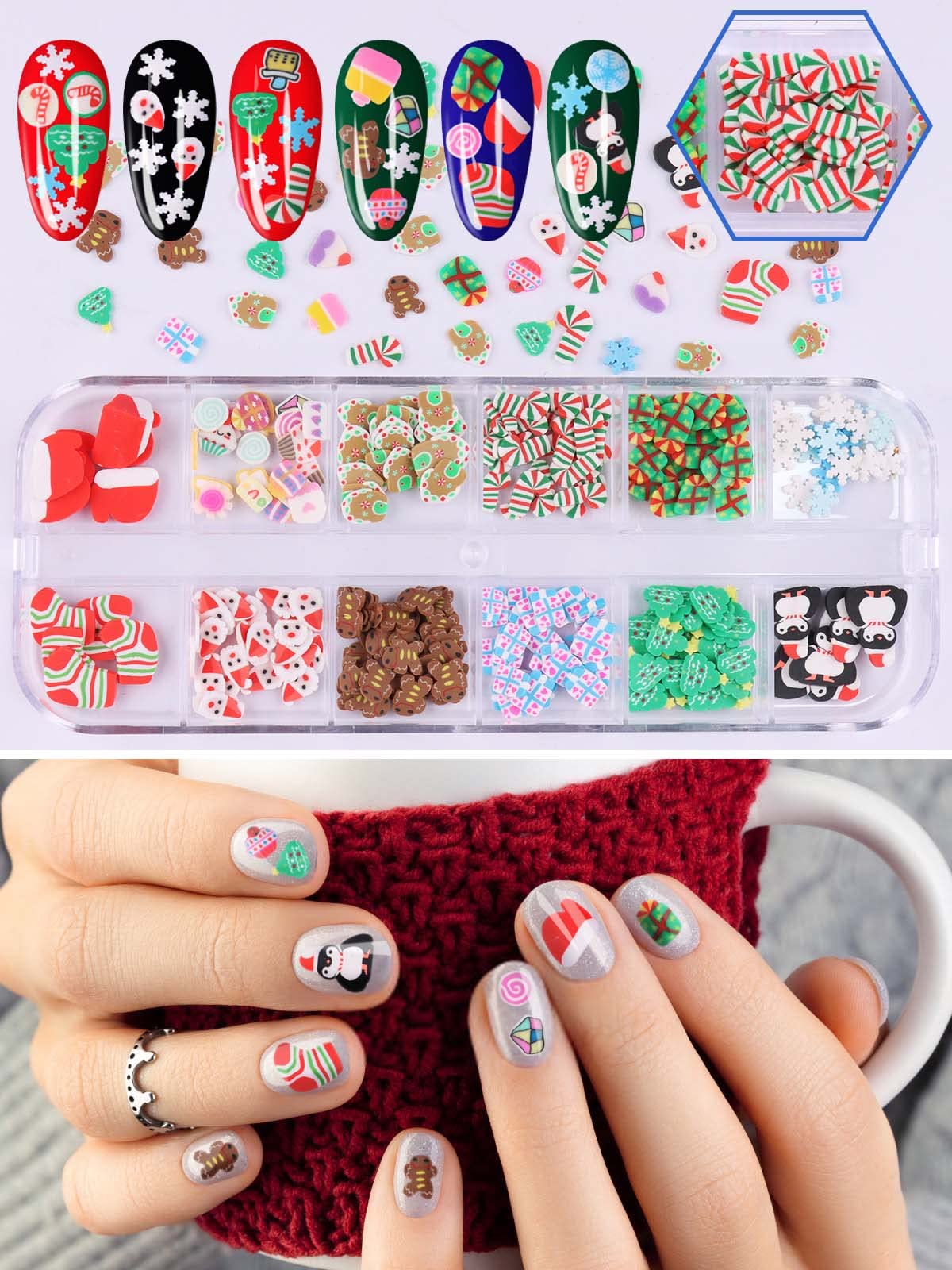 24 Grids Christmas Nail Art Slices - 3D Polymer Nail Flakes with Snowflake, Santa & Penguin Designs for DIY Nail Decor | Cute Glitter Nail Charms for Women & Girls | Perfect for Holiday Nail Art, Face & Body Crafting (2 Box Set)
