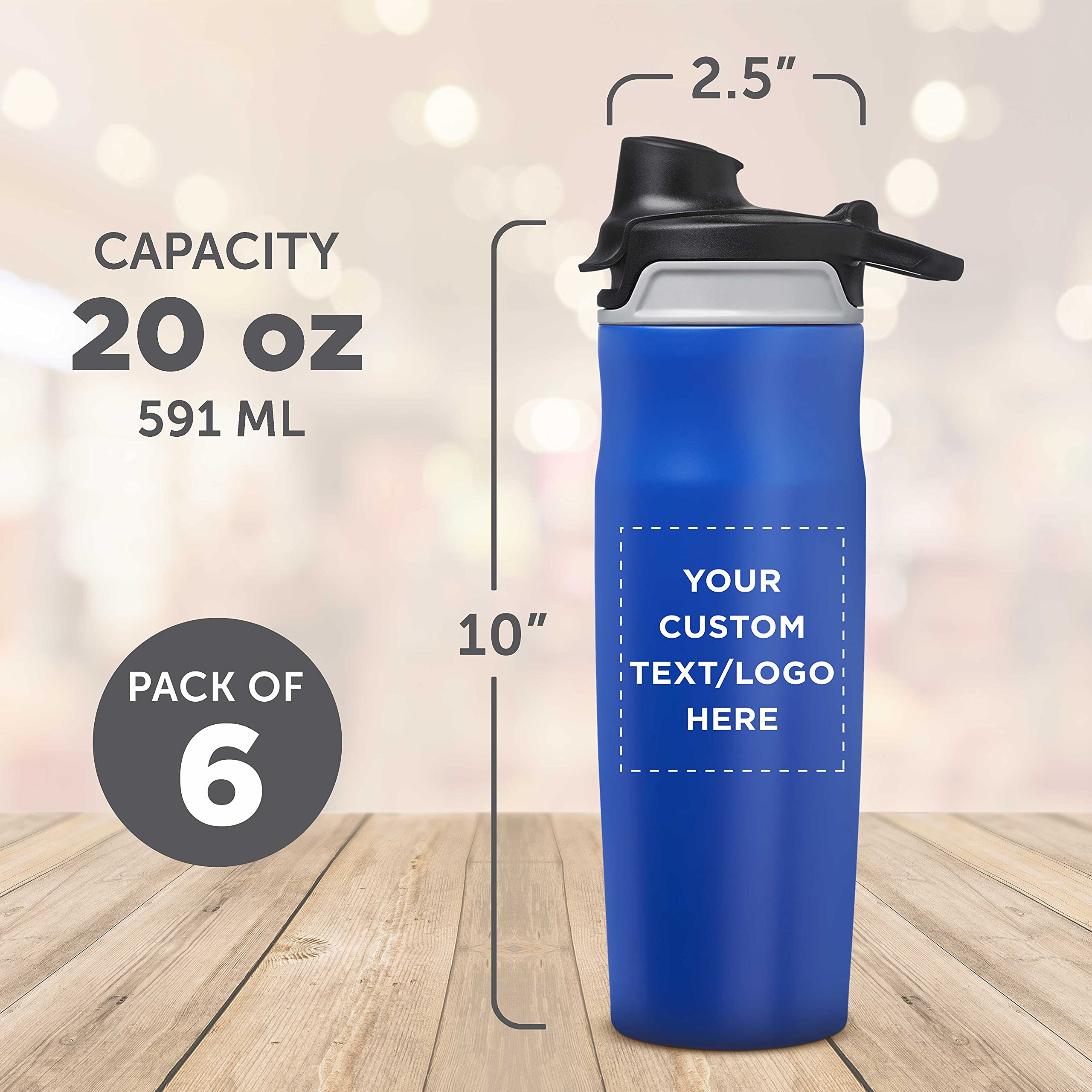 Custom 20oz Juno Water Bottles with Flip Lid - Set of 6 Reusable Personalized Bottles for Gym, Hiking, Cycling & School - Bulk Pack (Blue) | Perfect for Sports, Outdoor Activities & Daily Hydration