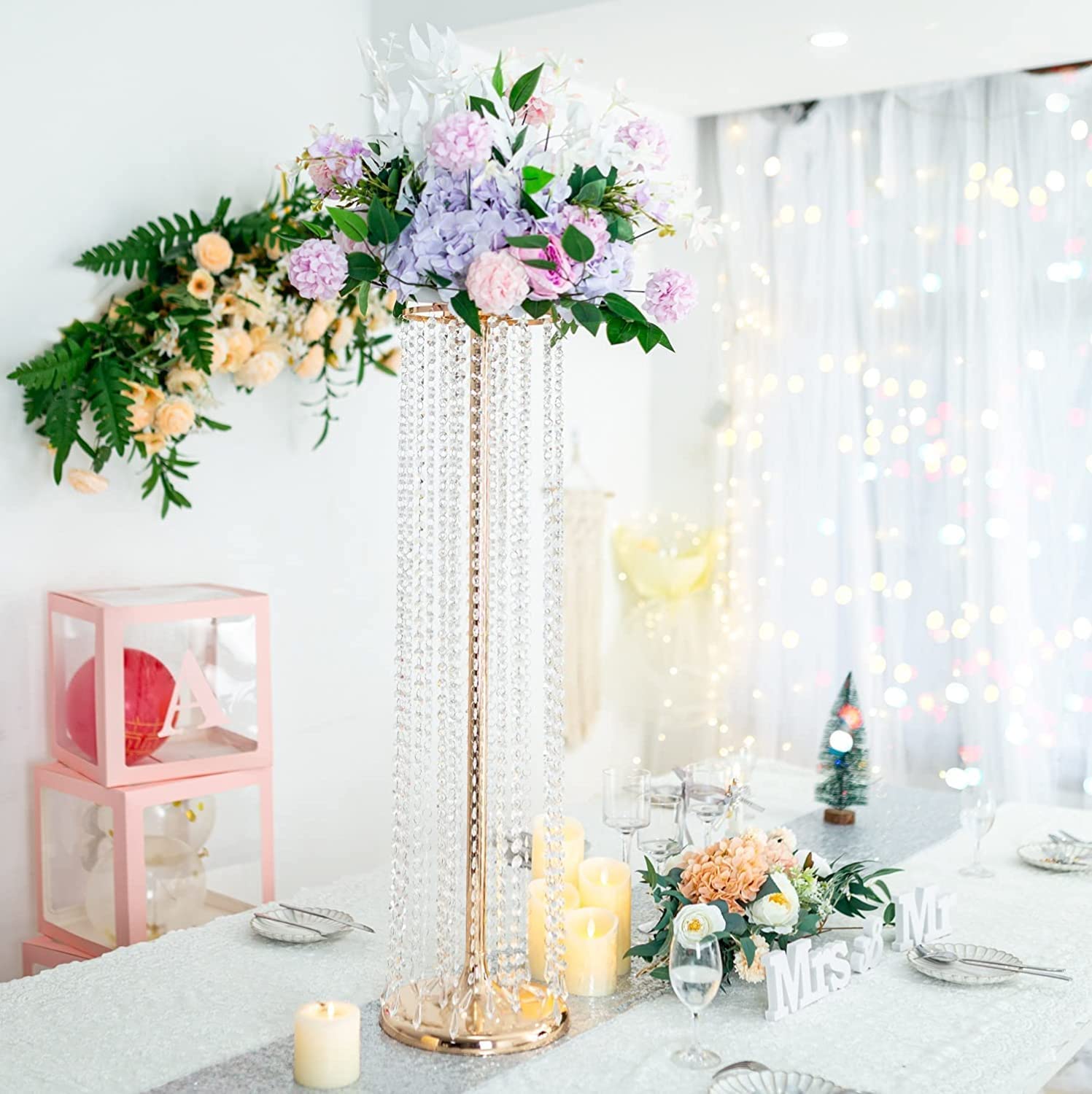 Luxury Crystal Flower Stand Set of 4 - Tall Metal Flower Arrangement Holder for Wedding Centerpieces, Party & Home Decor - Perfect for Wedding Receptions, Hotel Lobbies & Living Room Decorations