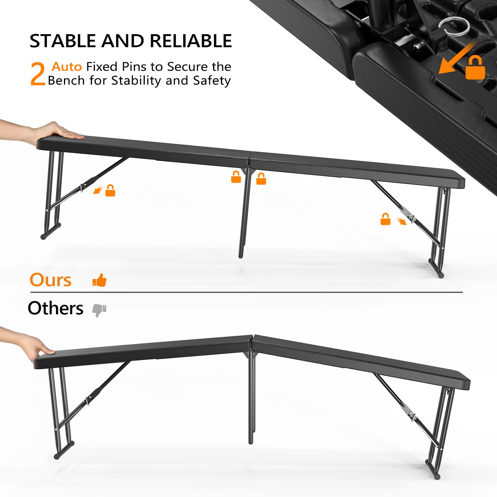 VINGLI 6ft Plastic Folding Bench - Portable Indoor/Outdoor Picnic, Camping, Dining & Garden Seat - Multipurpose HDPE Tabletop with Tree Pattern - Black (1 Pack) - Perfect for Backyard BBQs, Park Outings & Tailgate Parties