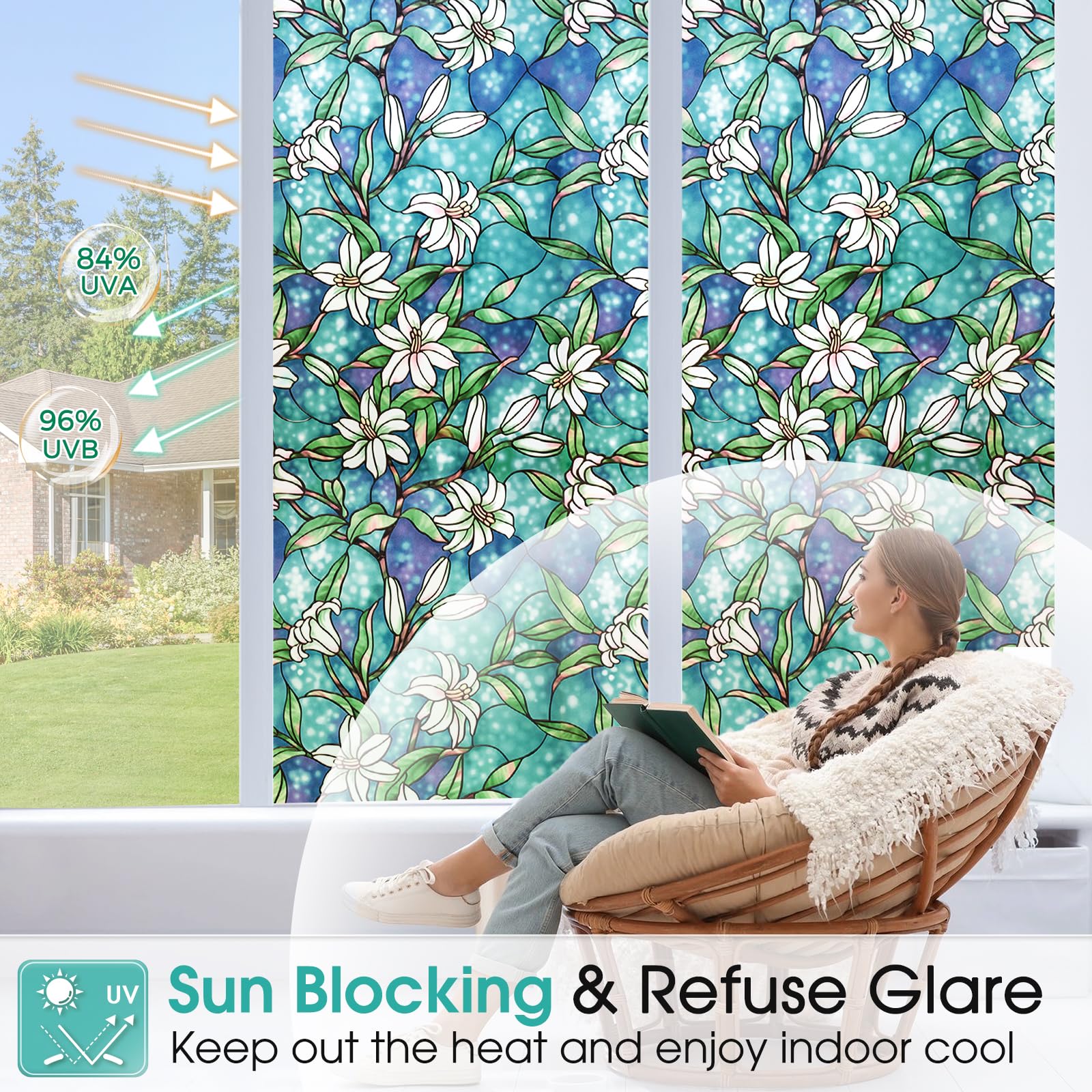 Coavas Frosted Stained Glass Privacy Window Film - Non-Adhesive Vinyl Window Tint for Bathroom & Home (23.6