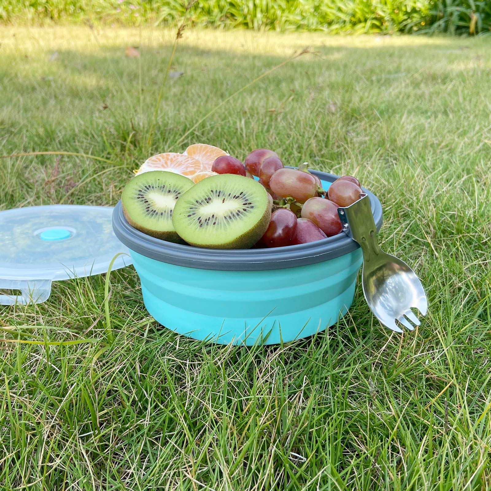CCyanzi 1200ml Collapsible Silicone Camping Bowl with Lid - Foldable Stainless Steel Fork & Spoon Included - Microwave, Fridge & Dishwasher Safe - Perfect for Camping, Hiking, Picnics, RV Trips & Outdoor Adventures