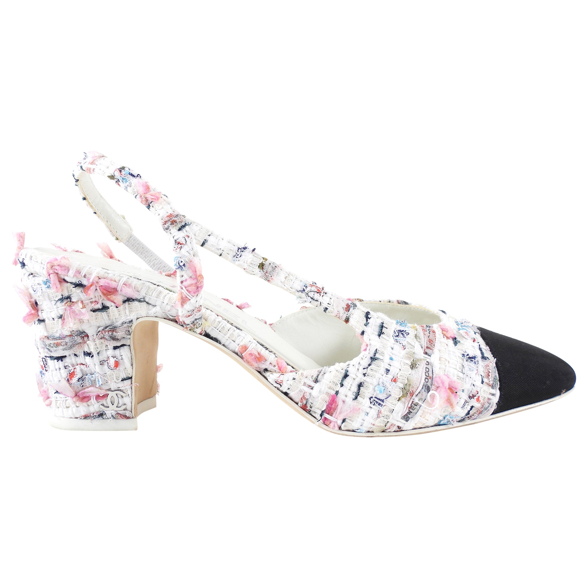 Chanel 2023 Pink and White Tweed Cap Toe Slingback Heels Size 37 - Women's Luxury High Heel Pumps for Parties, Weddings & Special Occasions
