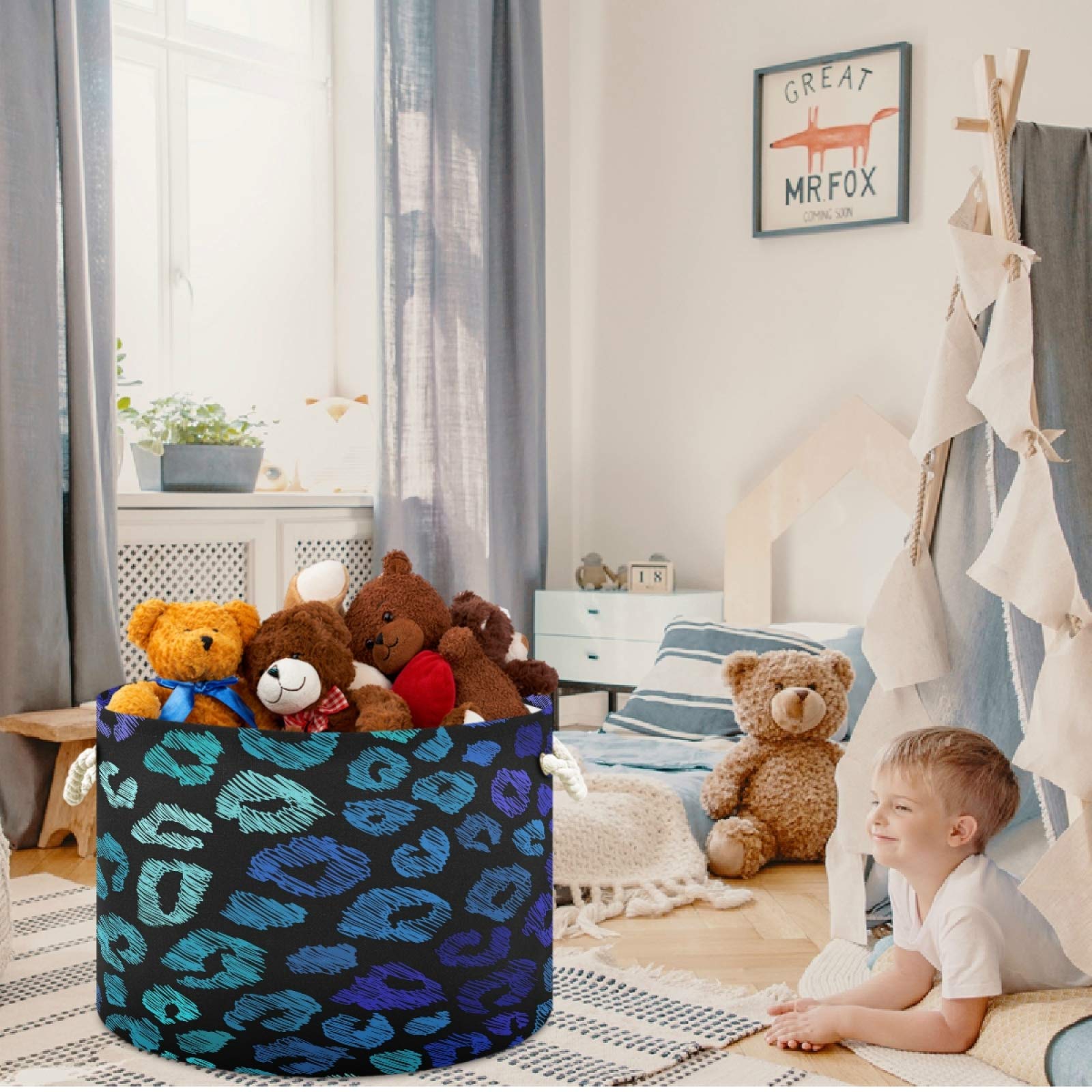 Visesunny Collapsible Large Capacity Storage Basket - Blue & Green Leopard Print Cotton Hamper for Clothes, Toys, Laundry | Durable Foldable Organizer for Bathroom, Bedroom, Nursery, Closet | Perfect for Home Organization & Space Saving