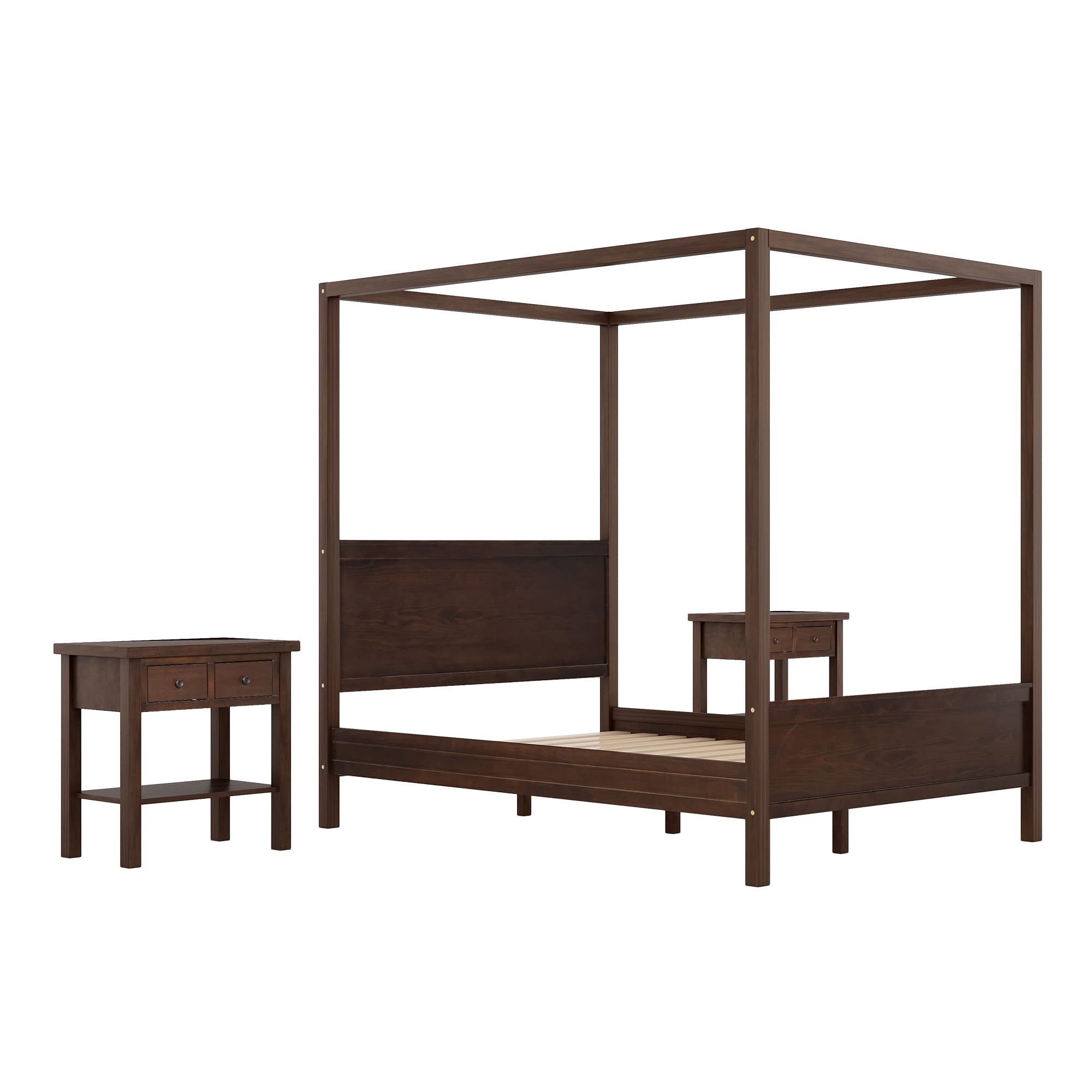 Queen Size Wood Canopy Bed with 2 Nightstands - Modern Kids Bedroom Set for Girls, Boys & Teens - Espresso Finish - Customizable Decor for Bedrooms, Dorms & Guest Rooms