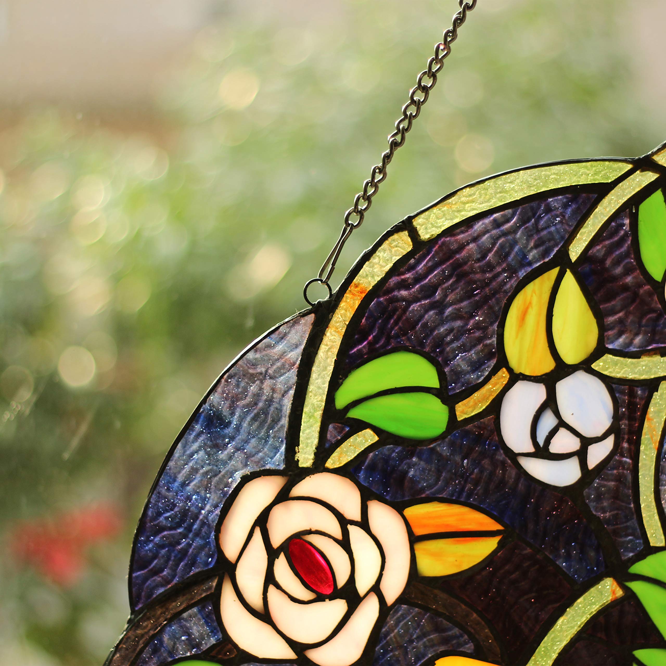 Tiffany-Style Stained Glass Roses Window Panel - 24 Inch Handcrafted Art Glass Decor for Home, Church & Office