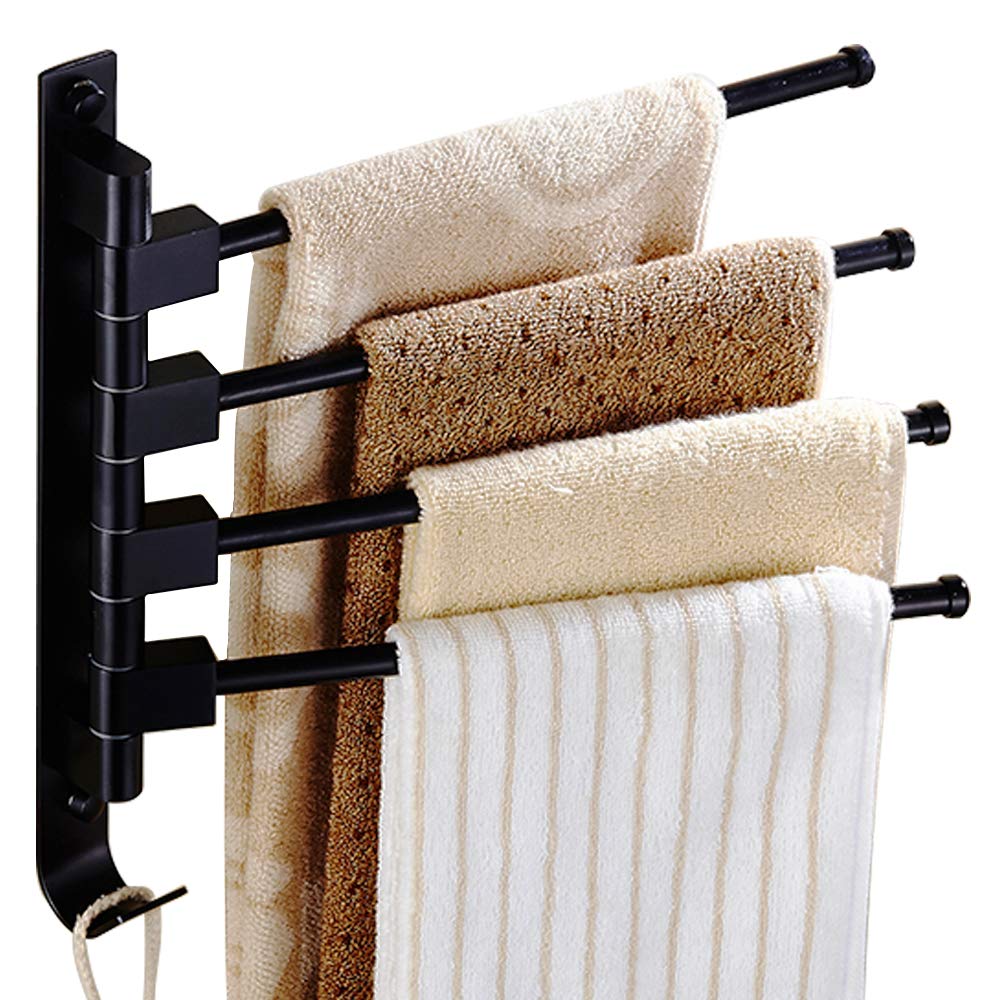 4-Arm Black Wall Mounted Swing Out Towel Rack with Hooks - Space Saving Bathroom Towel Holder for Showers, Laundry Rooms & Small Spaces