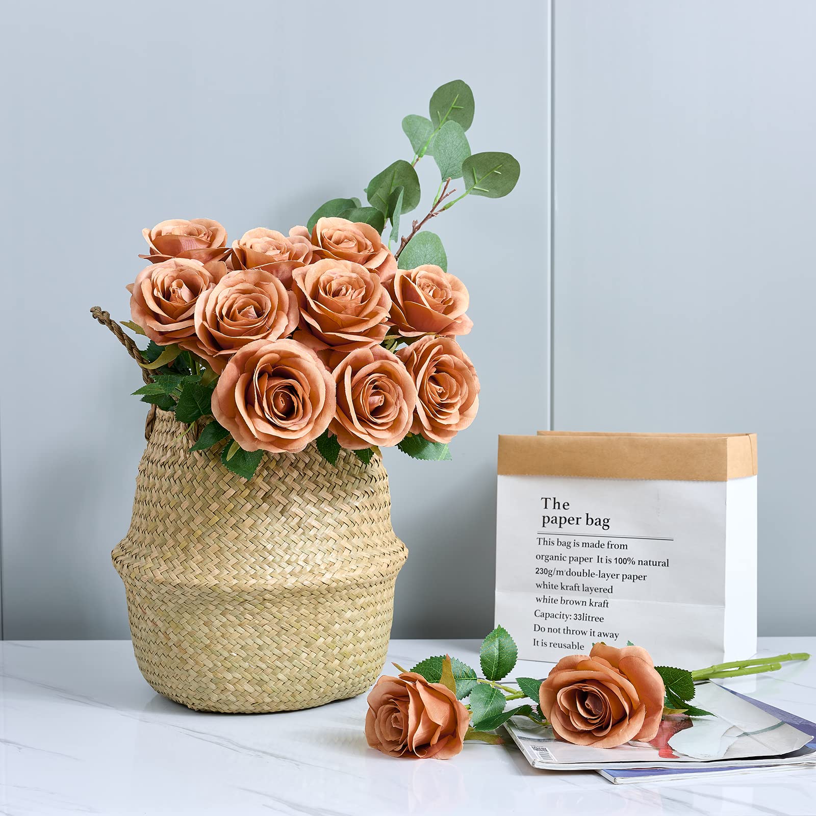12pcs Dusty Orange Artificial Silk Roses with Long Stems - Fake Flowers for Wedding Centerpieces, Home Decor, Party Decorations - Perfect for Table Arrangements, Bouquets, and DIY Crafts
