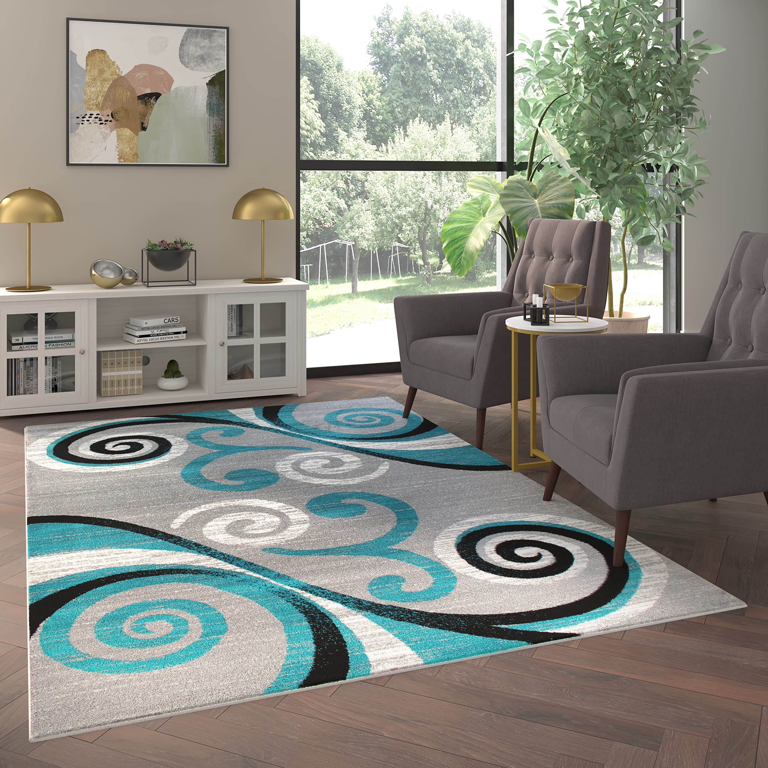 EMMA + OLIVER Olefin Accent Rug 6x9 - Turquoise Scraped Look Swirl Pattern - Plush Pile Facing with Jute Backing - Moisture & Stain Resistant - Easy Maintenance - Perfect for Living Room, Bedroom & Office Decor