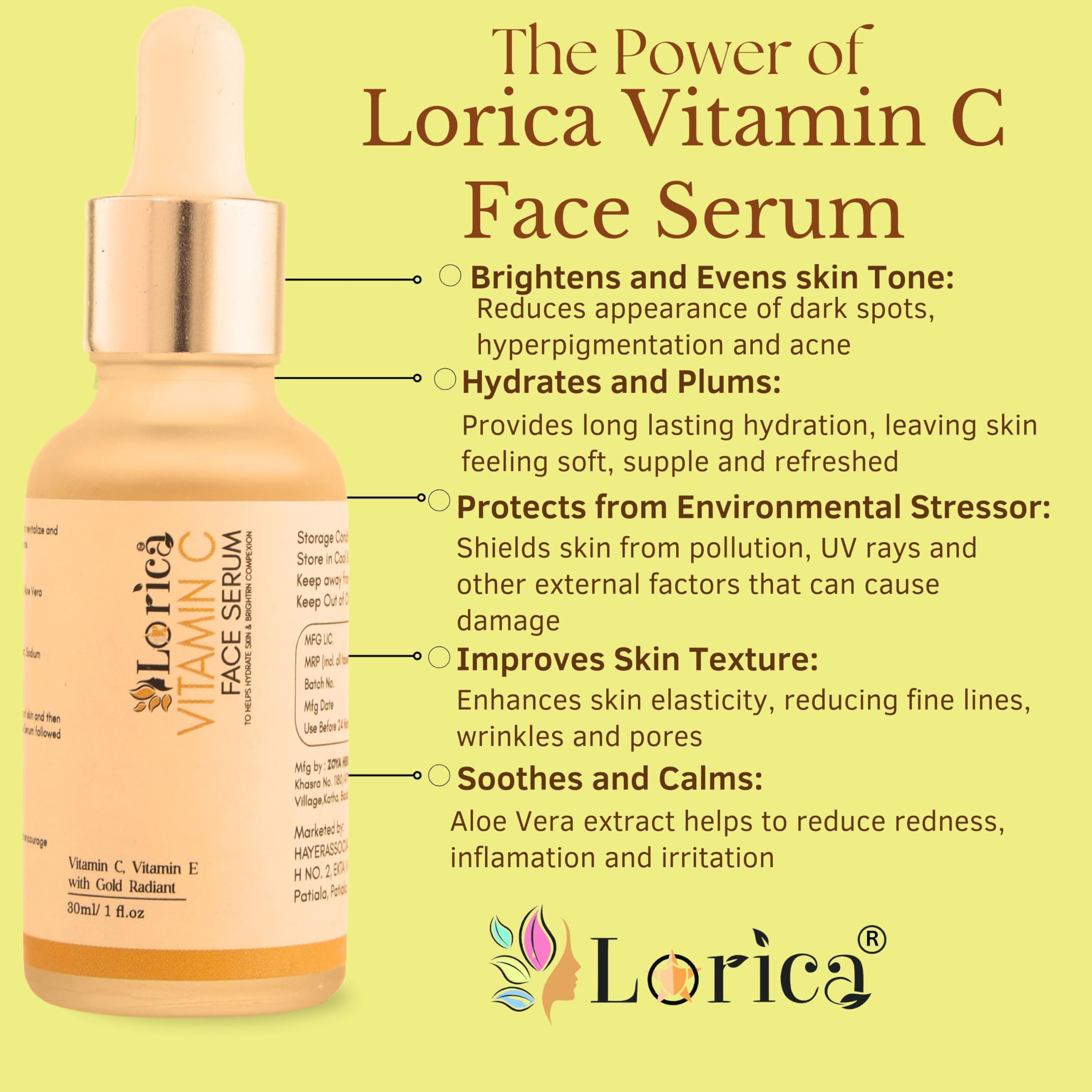 Lorica Vitamin C Face Serum for Brightening & Hydrating | Anti-Aging Treatment | Reduces Under-Eye Puffiness & Dark Circles (30ml) | Perfect for Morning Skincare Routine & Nighttime Dark Spot Treatment