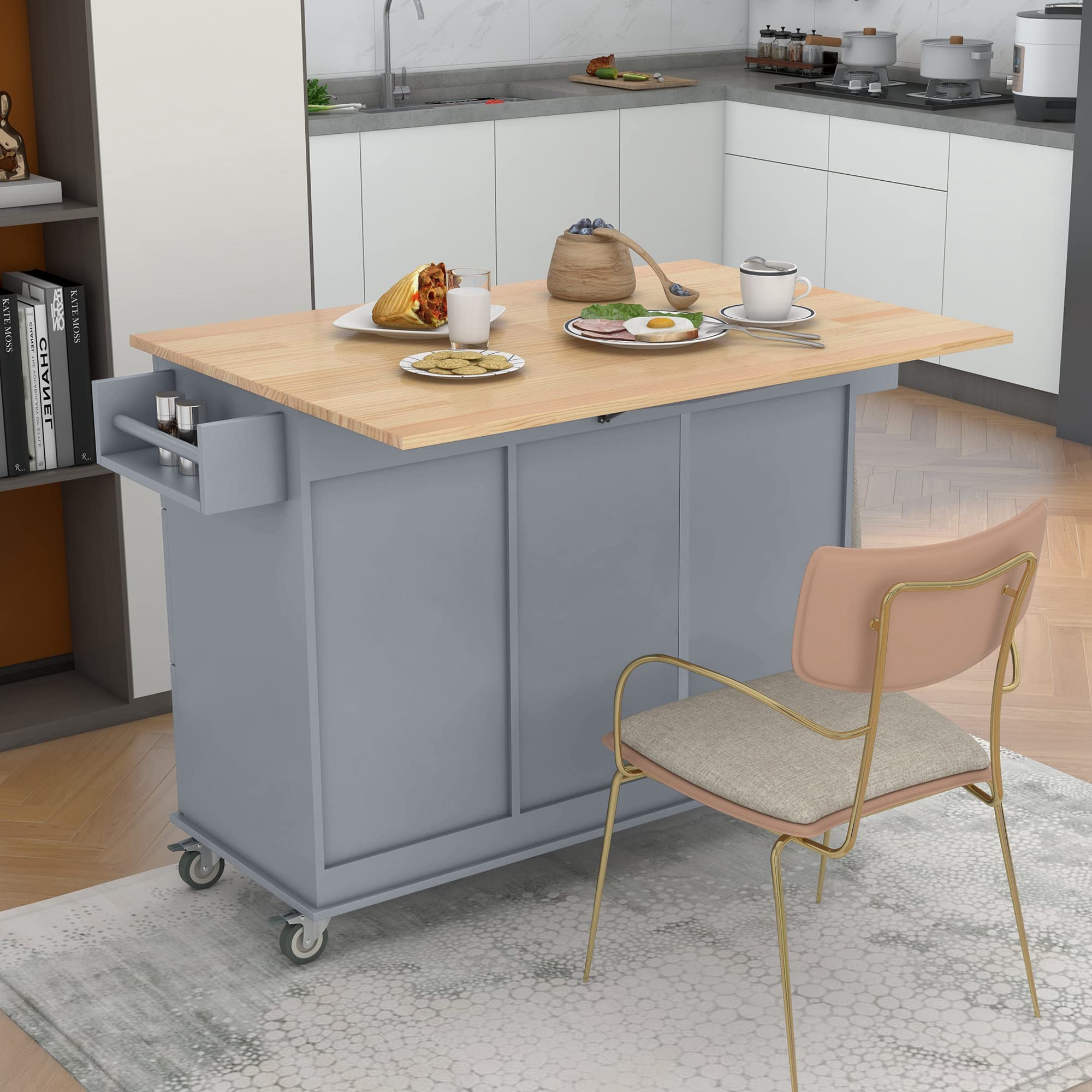 HABITRIO Multi-Functional Kitchen Island Cart with Cabinet, Storage Drawers & Spice Rack - Extendable Solid Wood Table Top, Wheels, Dusty Blue - Perfect for Small Kitchens, Dining Areas & Home Organization