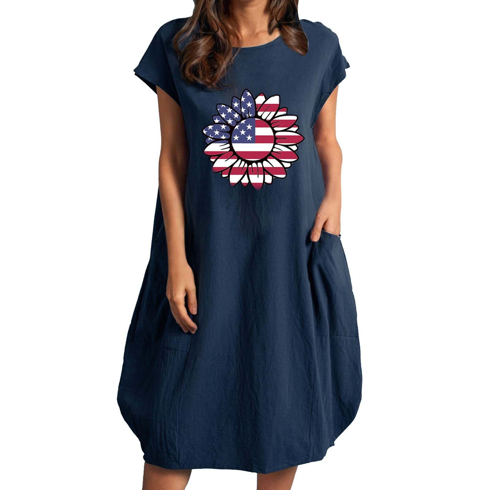 Women's Sunflower Printed Loose Short Sleeve Summer Dress - Round Neck Flowy Casual Dress in Gray | Perfect for Beach Outings, Picnics & Summer Vacations