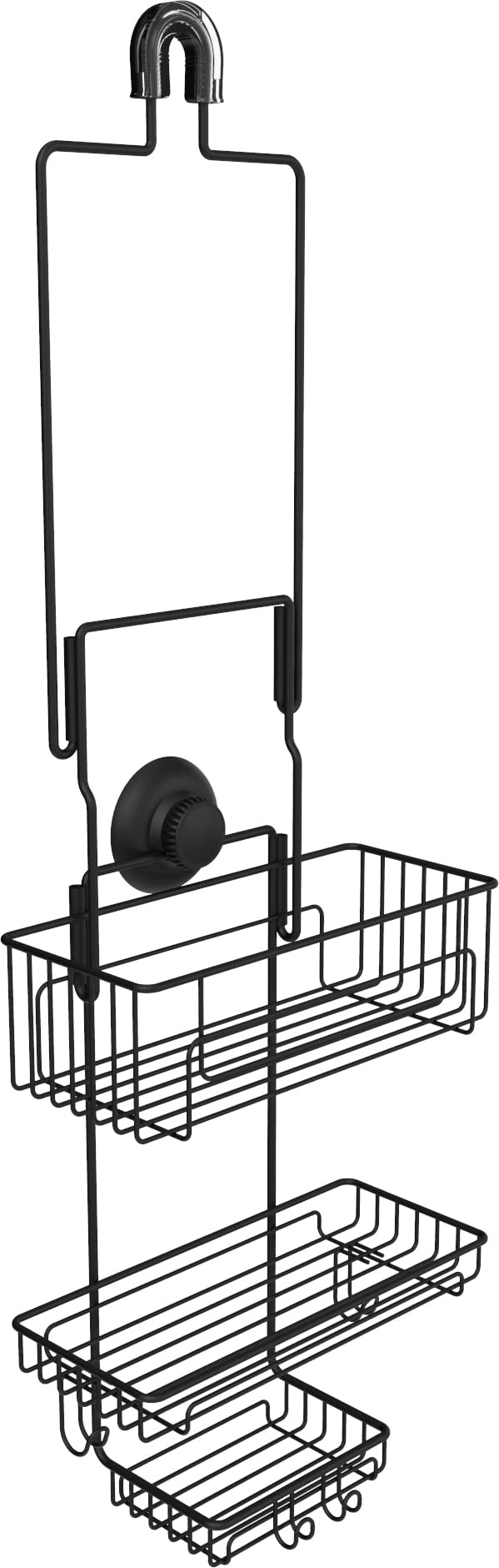 Gecko-Loc Extra Long Adjustable Shower Caddy Organizer - Stainless Steel Deep Shelf Over Showerhead with Hooks & Soap Dish - Bathroom Storage Rack for Shampoo, Conditioner & Toiletries - Perfect for Small Bathrooms & Apartment Showers (Black)