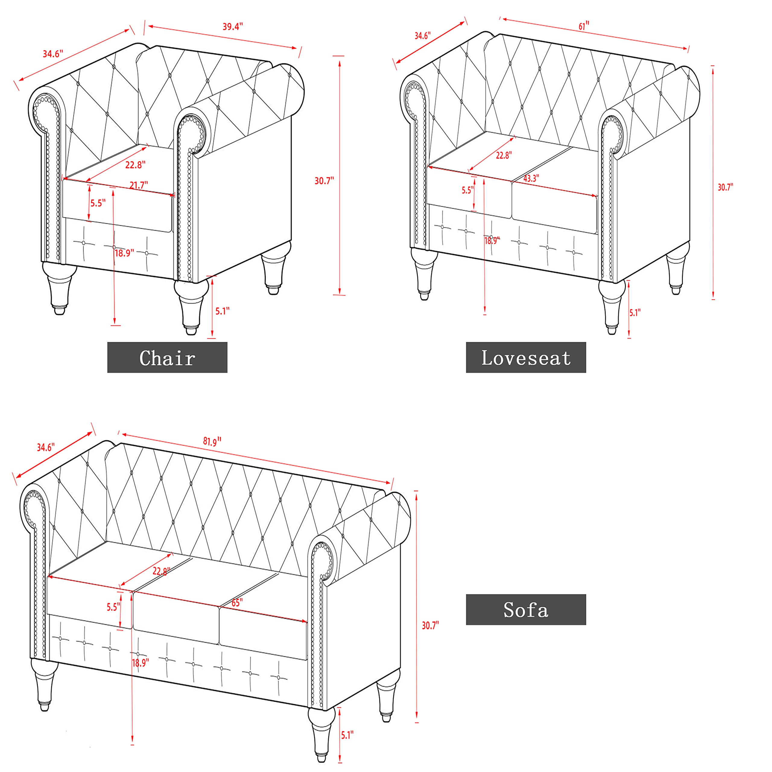Chesterfield Sofa with Nail-Head Trim - Modern Fabric Tufted Couch for Living Room & Office - Elegant Accent Chair Set - Perfect for Home Decor, Lounge & Entertainment Spaces