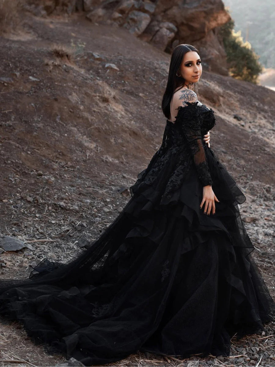 Elegant Black Gothic Wedding Dress with Long Sleeves, Off-Shoulder V-Neck & Tiered Skirt – Perfect for Gothic Brides, Dark Romance Weddings & Vampire-Themed Events