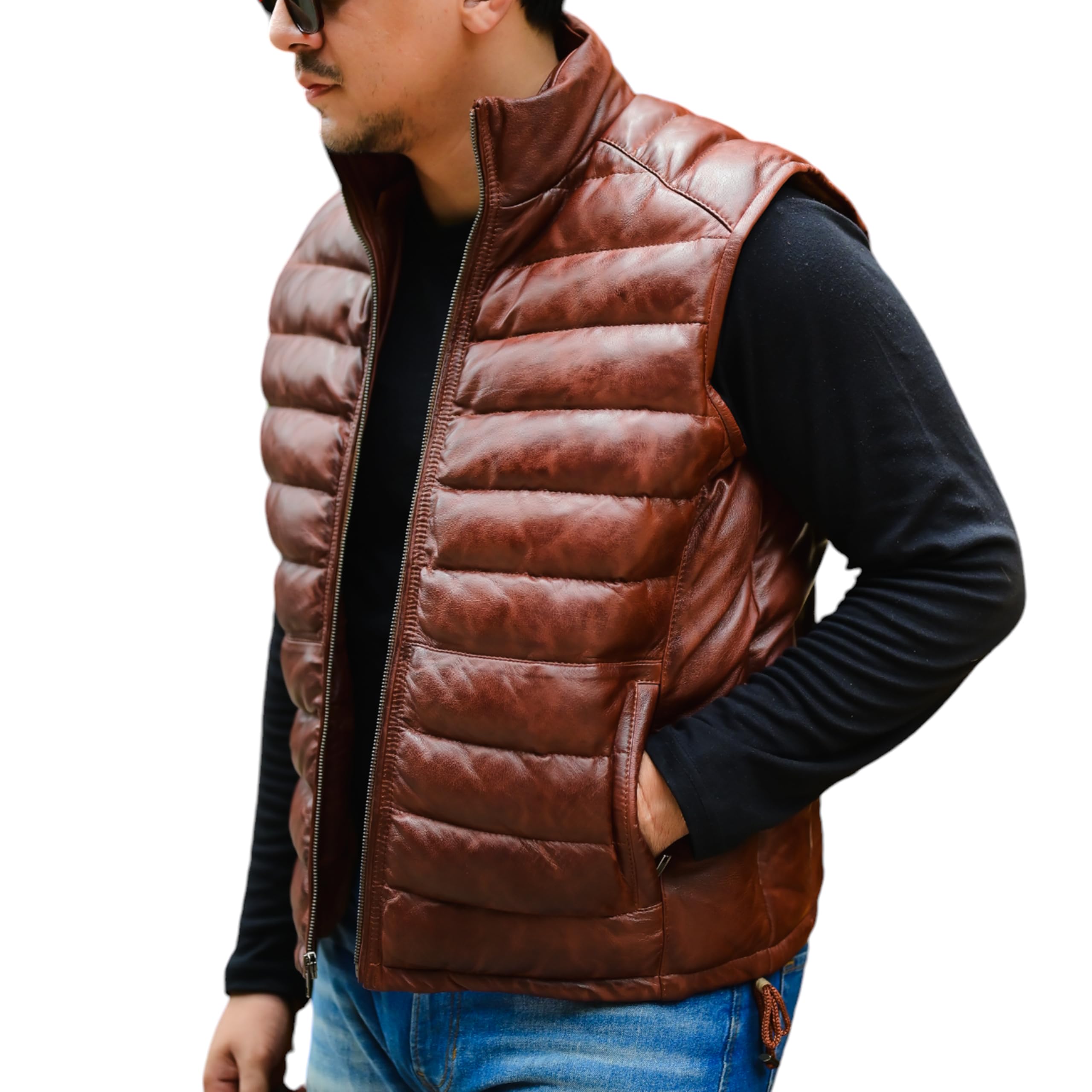 Jild Lambskin Leather Puffer Vest with Removable Hood - Stand Collar Sleeveless Jacket for Men | Winter Fashion Outerwear for Casual & Street Style