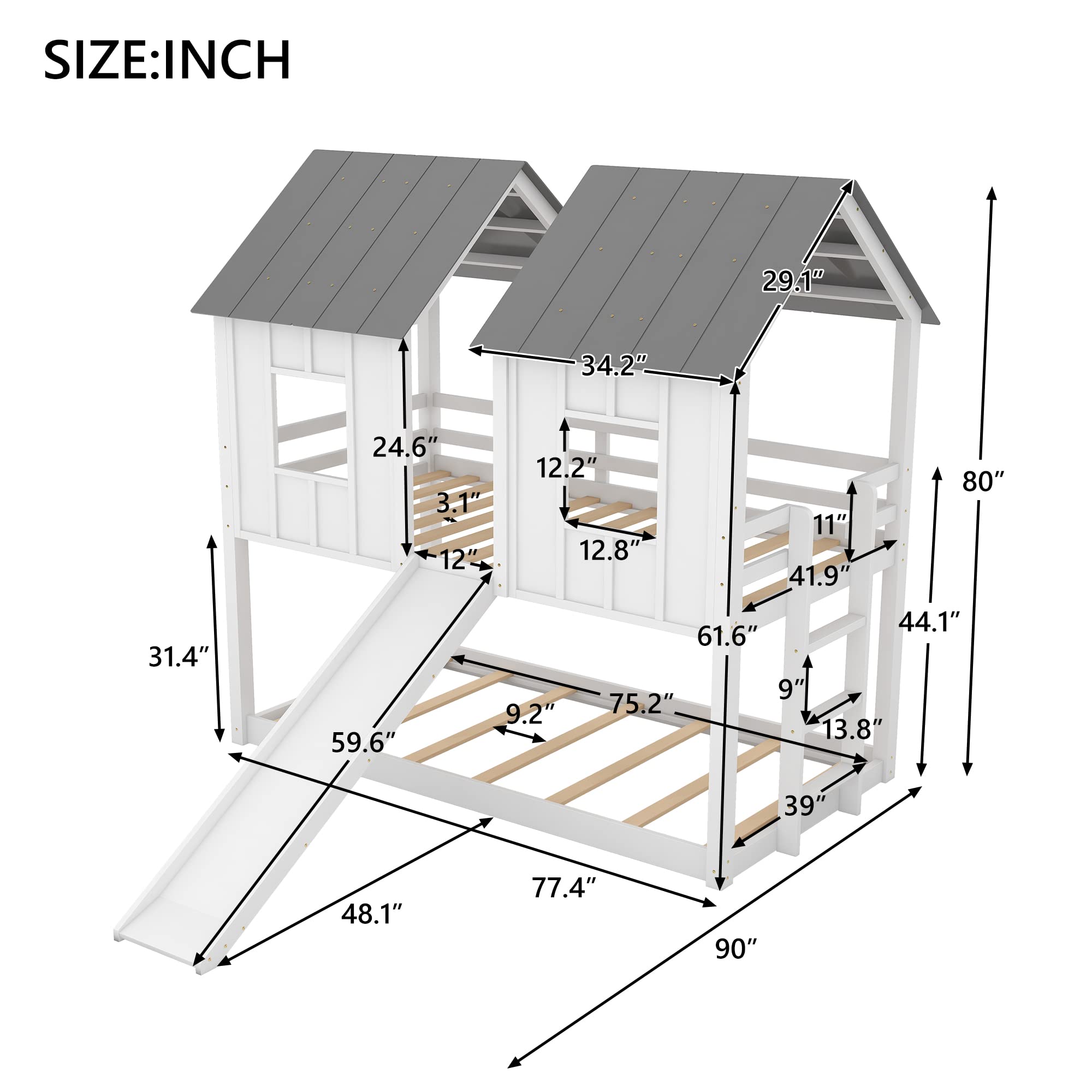 MERITLINE Twin Over Twin Kids House Bunk Bed with Slide, Roof & Windows - Playhouse Bed for Boys & Girls (No Spring Box Needed, White) | Perfect for Bedrooms, Playrooms & Sleepovers