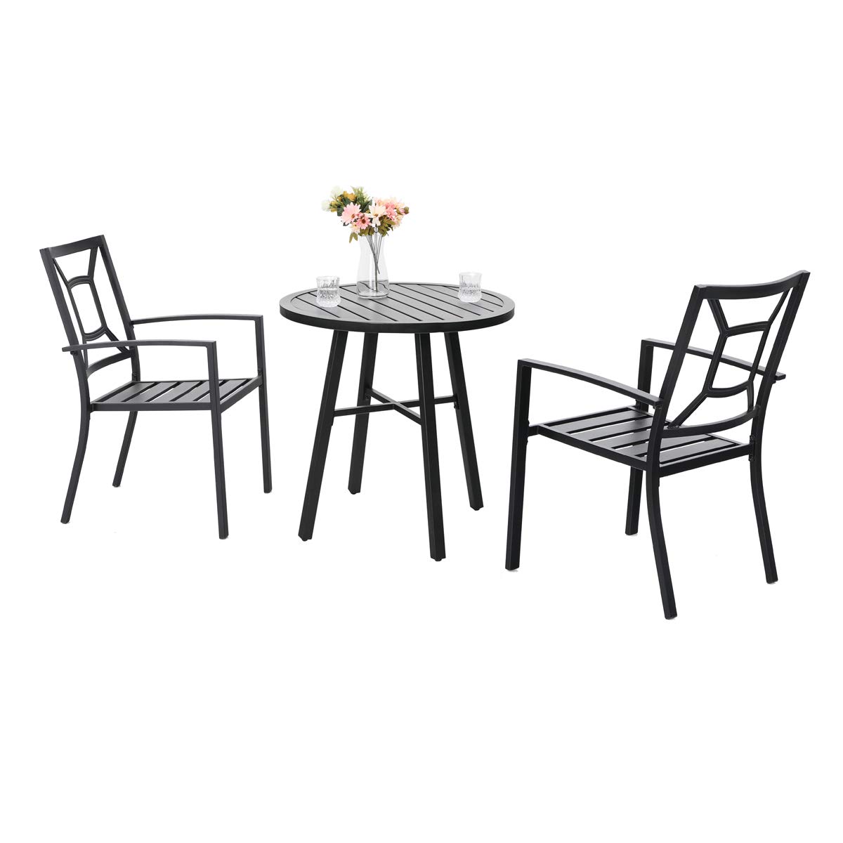 PHI VILLA 3-Piece Outdoor Bistro Set for 2 - Metal Round Coffee Table & Stackable Steel Chairs - Small Patio Dining Set for Garden, Balcony, Backyard - Perfect for Morning Coffee & Outdoor Entertaining
