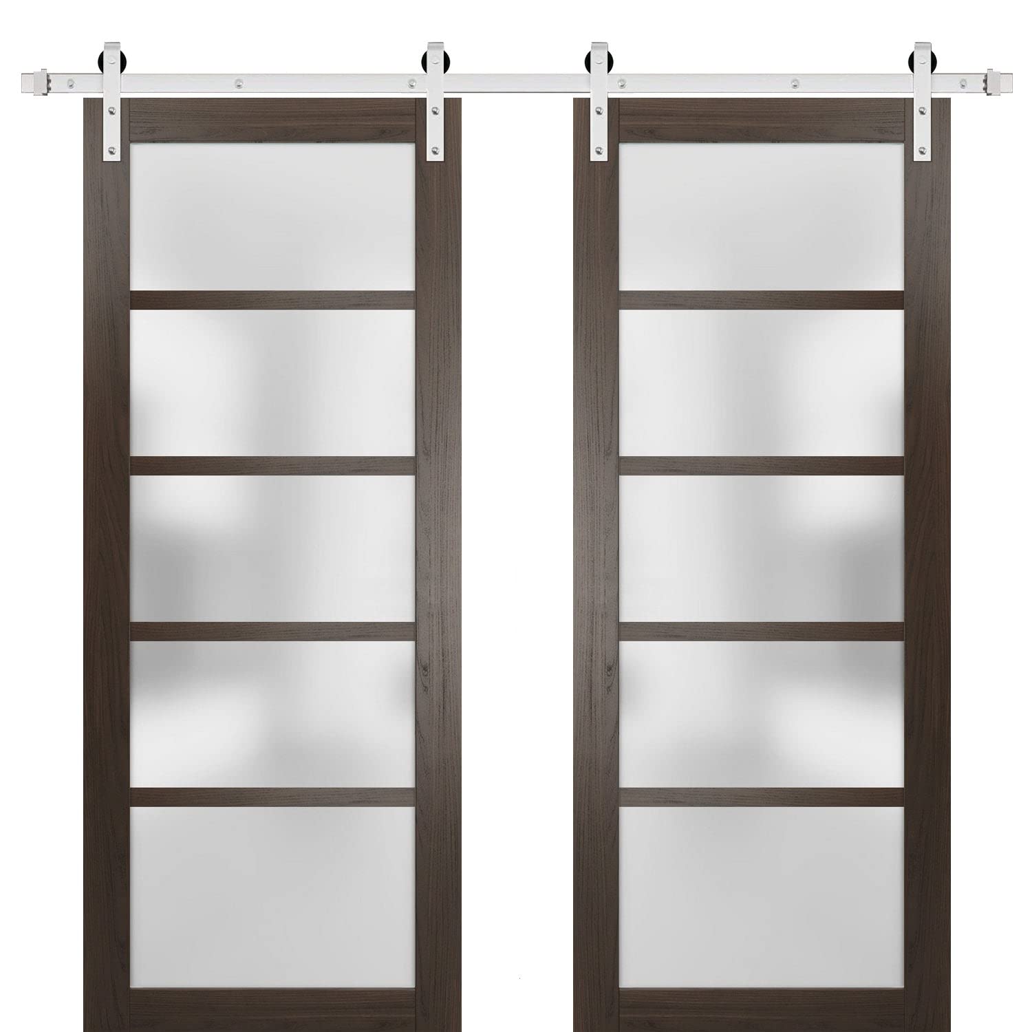 64 x 80 Inch Sturdy Double Barn Door with Frosted Glass - Quadro 4002 Chocolate Ash Finish | 13FT Stainless Steel Rail Hangers Heavy Duty Set | Solid Panel Interior Doors for Bedroom, Living Room & Office