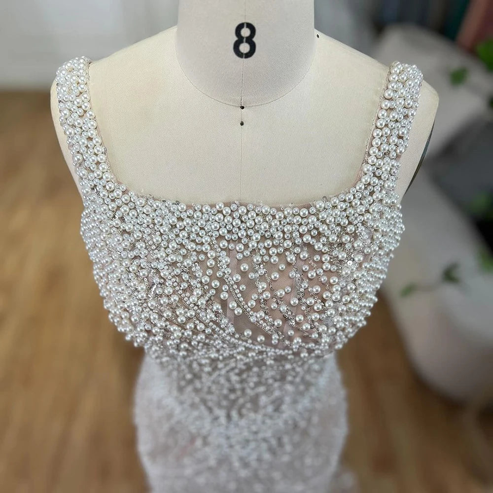 Elegant White Nude Spaghetti Strap Mermaid Evening Dress with Luxury Pearl Beading - Women's Formal Gown for Wedding, Prom & Special Occasions