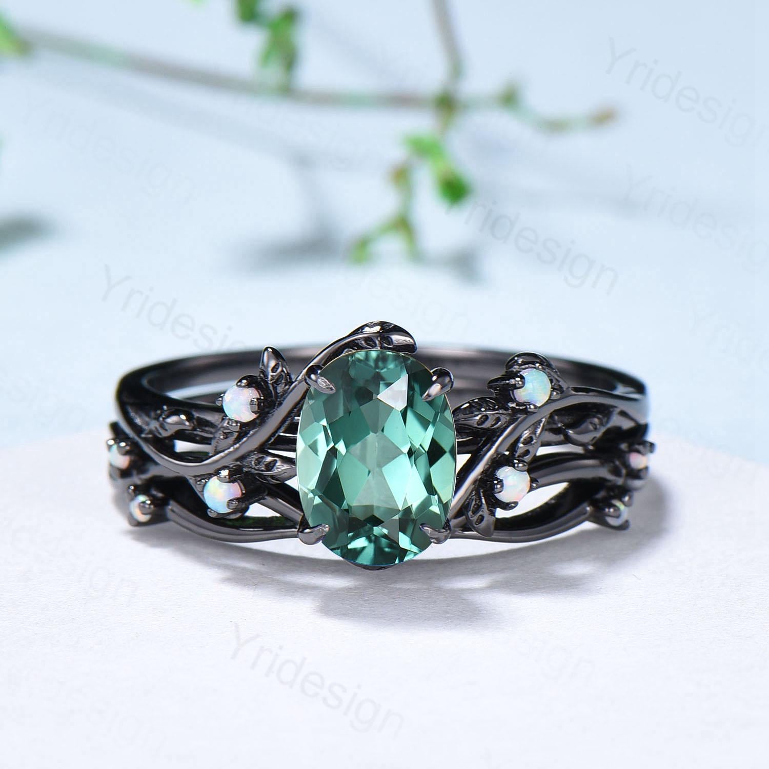 Natural Inspired Black Gold Green Sapphire Wedding Ring Set - Unique Leaf Engagement Ring, Art Deco Cluster Opal Band Ring for Women - Bridal Jewelry Set for Weddings, Anniversaries & Special Occasions
