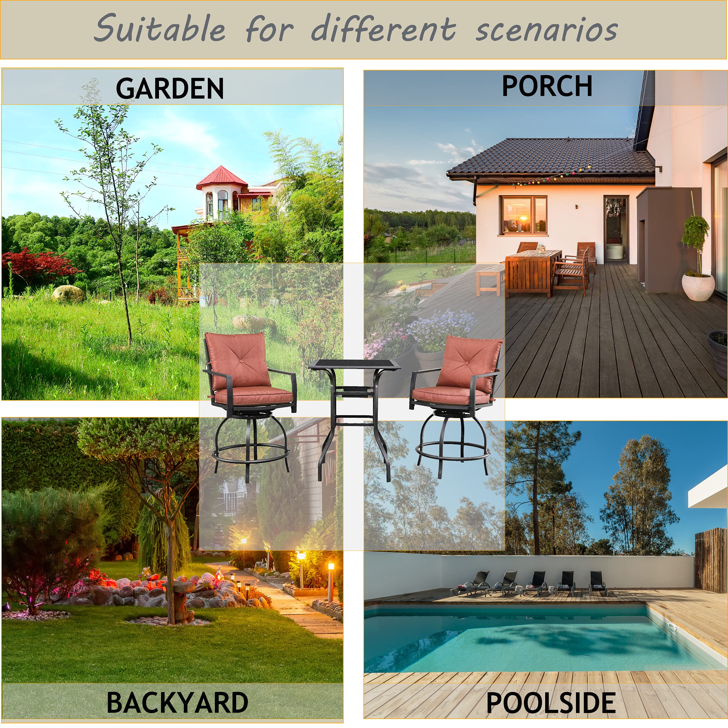 LOKATSE HOME 3-Piece Outdoor Swivel Chair Set - Patio Bar Stools with Cushions & Coffee Table - Metal Height-Adjustable Bistro Furniture (Red) - Perfect for Backyard, Garden, Poolside & Balcony Relaxation