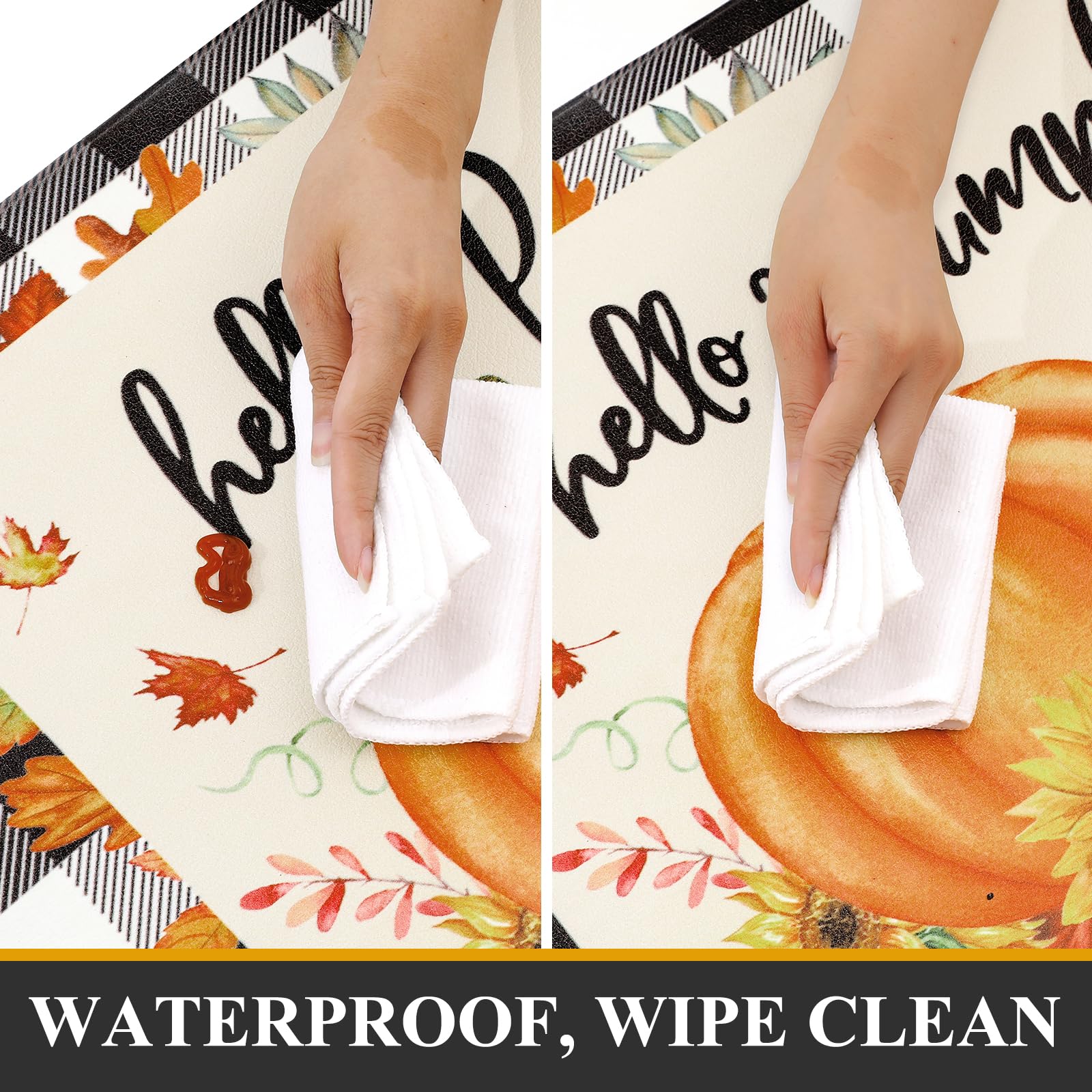 Pauwer Pumpkin Kitchen Rugs Set of 2 - Non-Slip Anti-Fatigue Farmhouse Floor Mats with Buffalo Plaid Design for Fall & Thanksgiving Decor | Perfect for Kitchen, Dining Room, and Entryway