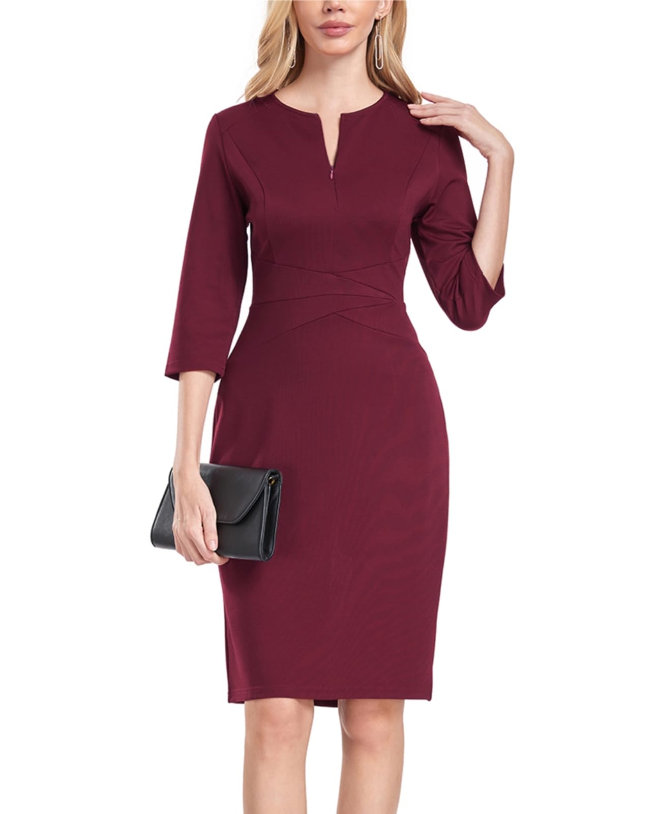 MINTLIMIT Women's Front Zipper Round Neck 3/4 Sleeve Sheath Dress for Cocktail Party, Office Work & Formal Occasions | Slim Fit Pencil Dress for Business, Wedding & Evening Events