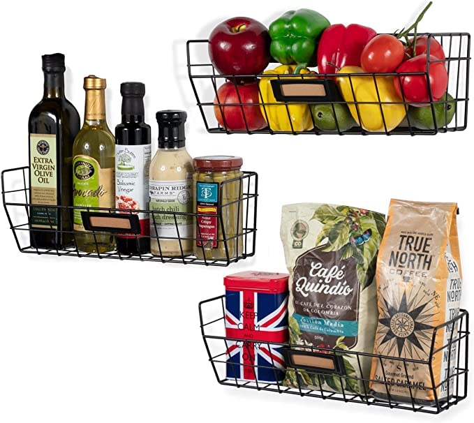 Wall Mounted Wire Basket Set of 3 - Kitchen Storage Organizer, Pantry Shelf, Fruit Basket - Black (Ideal for Small Spaces, Bathroom, Garage & Closet Organization)