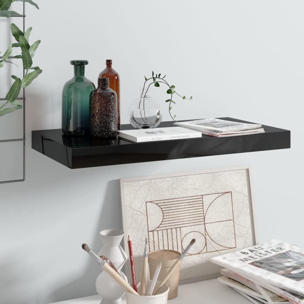 Floating Shelves Wall Mounted - Modern Decorative Wall Shelves for Bedroom & Living Room - High Gloss Black MDF Floating Shelf 19.7