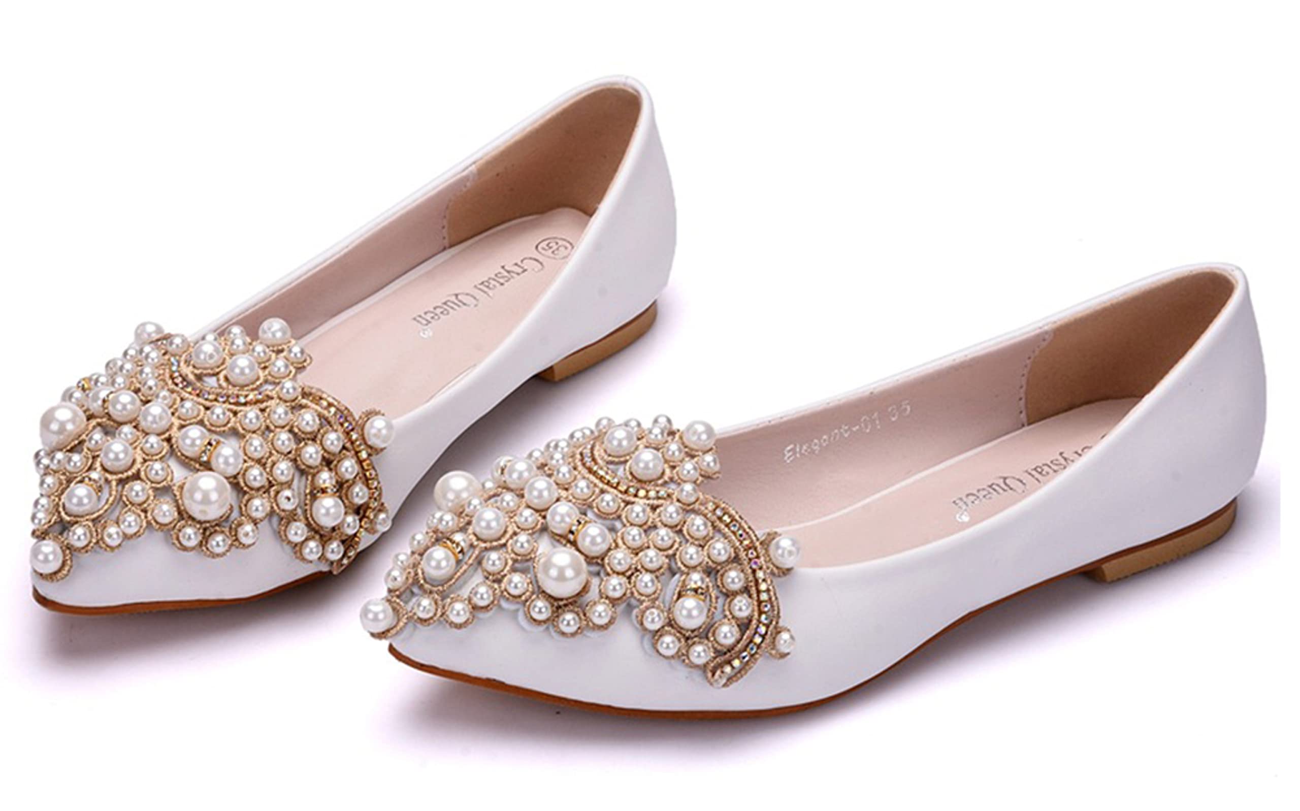 Elegant Women's Crystal White Wedding Shoes - Rhinestone Beaded Pointed Toe Slip-On Ballet Flats for Bride & Bridesmaids | Perfect for Weddings, Proms, and Formal Occasions