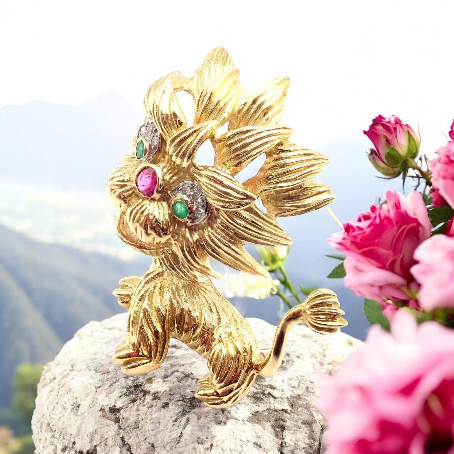 Authentic Cartier Whimsical Dragon Lion 18k Yellow Gold Diamond Ruby Brooch Pin - Luxury Vintage Jewelry for Collectors & Special Occasions