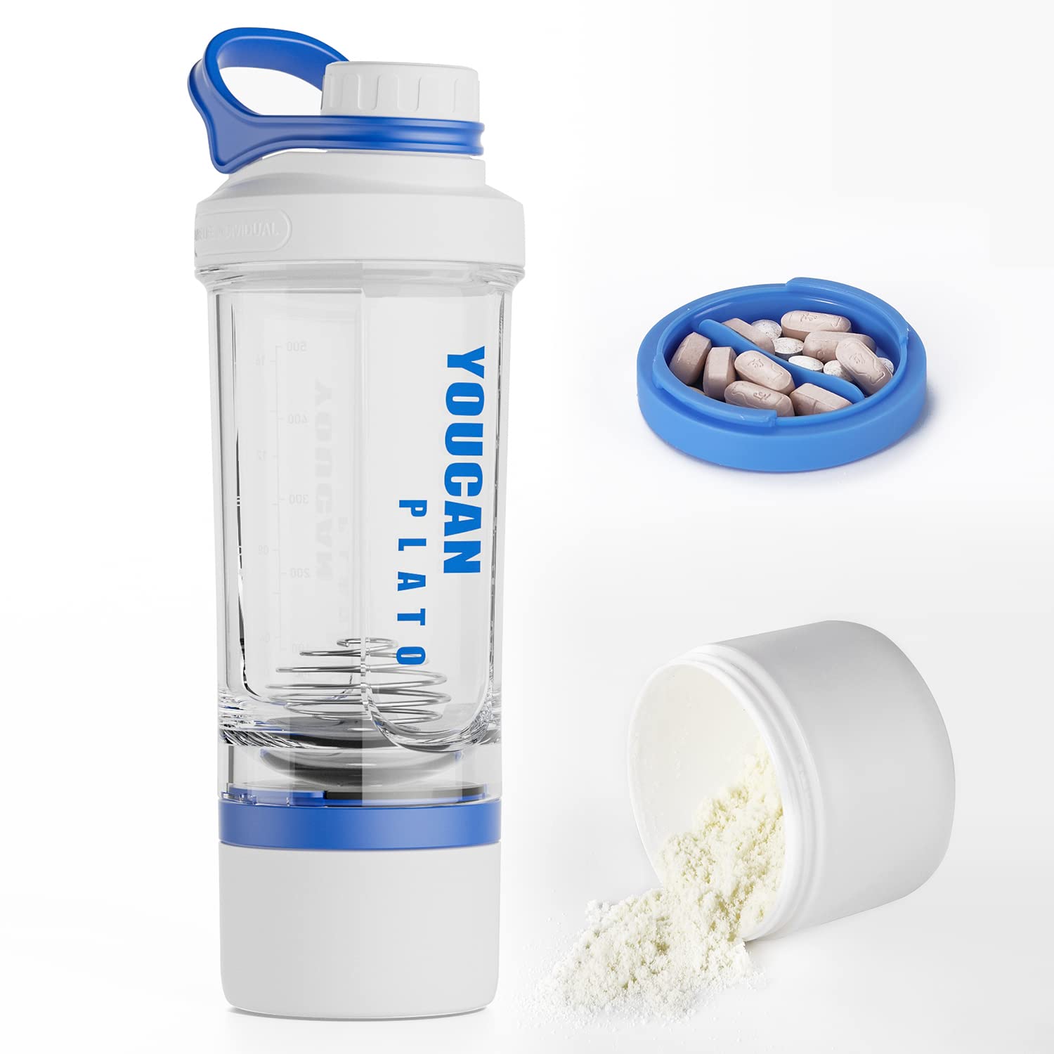 Premium 21oz Tritan Protein Shaker Bottle with Wire Whisk Ball - BPA Free, Leak-Proof Blender Cup for Protein Powder & Supplements - Includes Storage Box for Gym, Workout & Travel - Blue