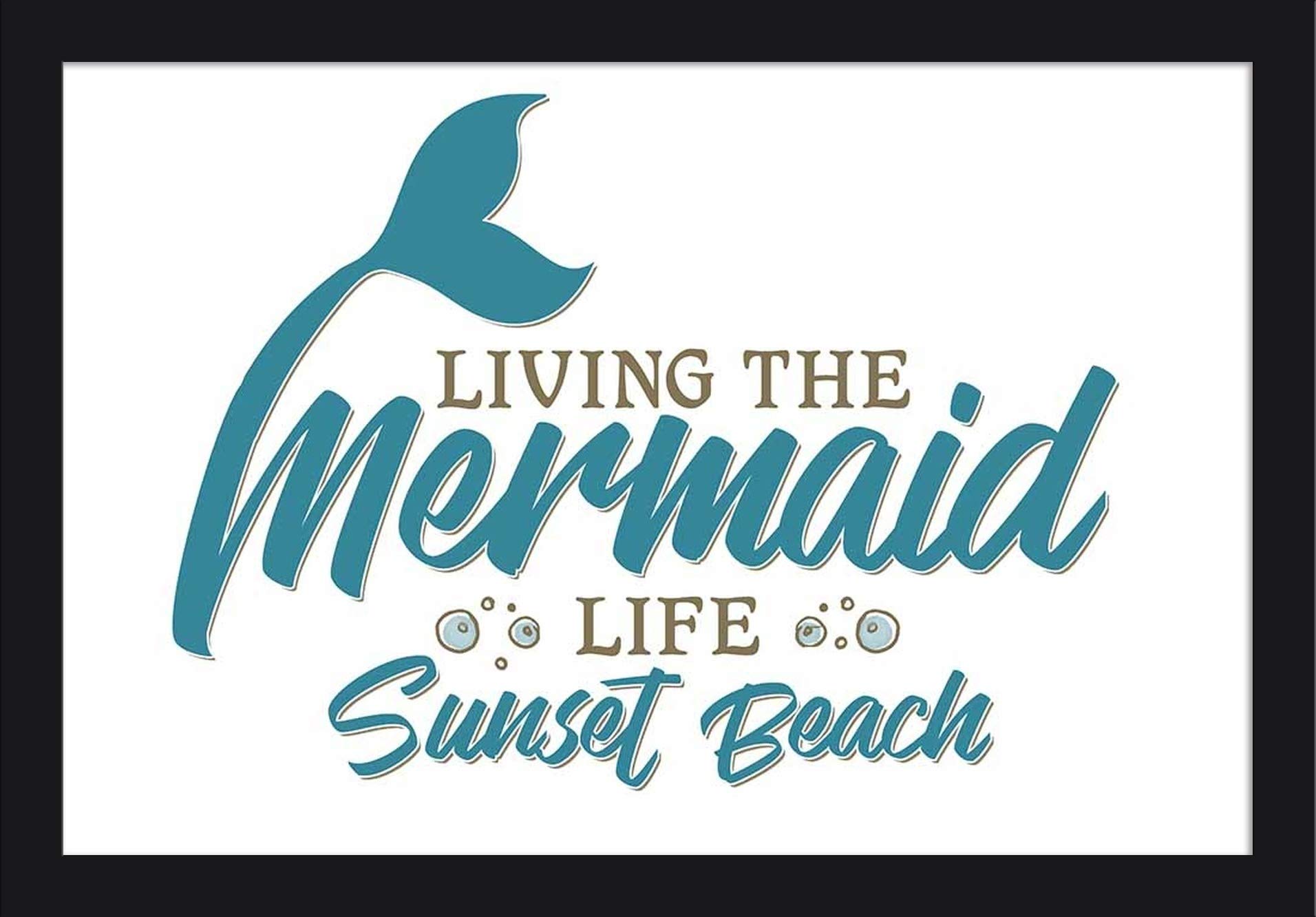 Sunset Beach Mermaid Life - 16x24 Inch Giclee Fine Art Print with Recycled Wood Frame in Black - Perfect for Beach House Decor, Coastal Living Room Wall Art & Mermaid Theme Bedroom