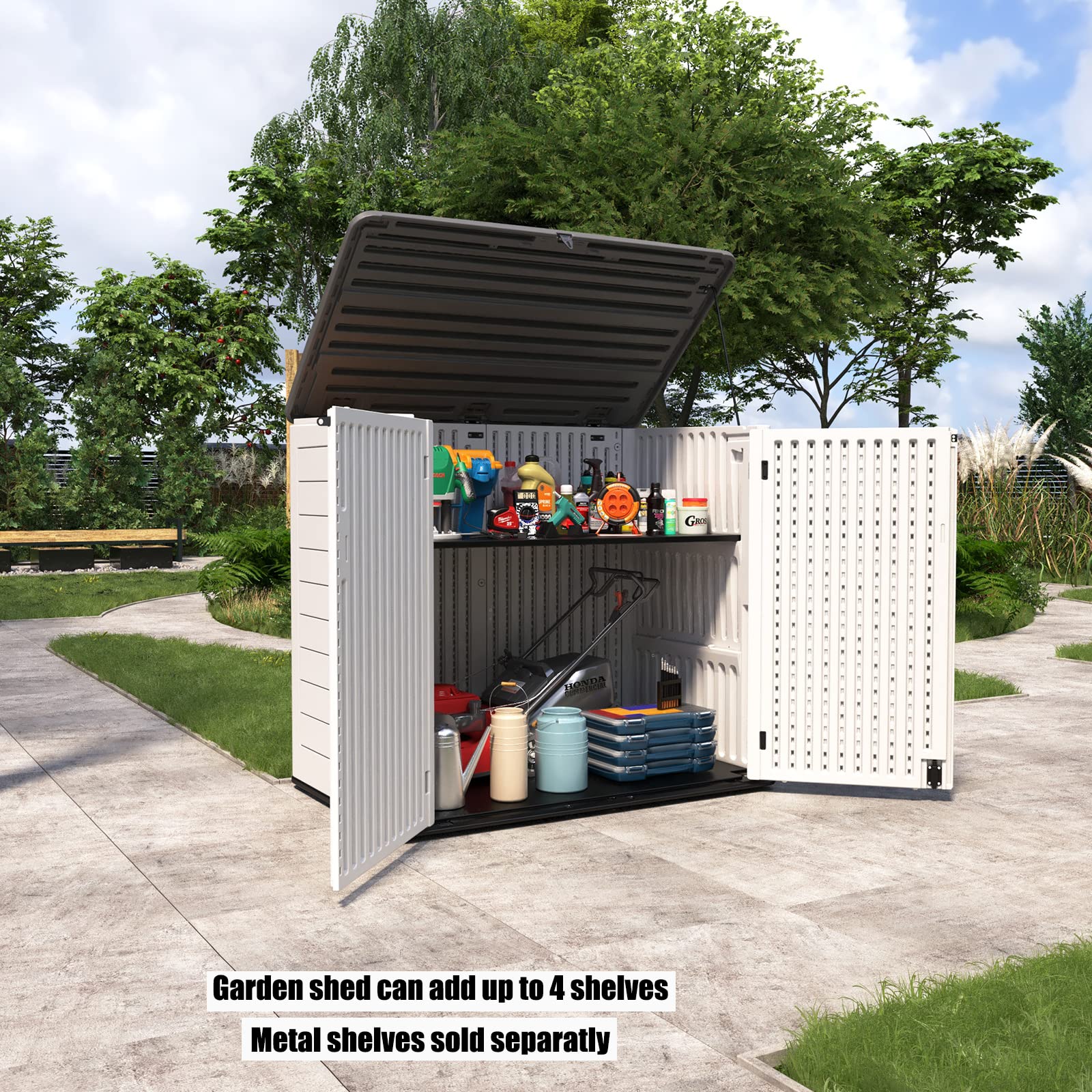 Waterproof Resin Outdoor Storage Shed 38 cu.ft - Lockable Garden Tool Organizer with Custom Shelves for Patio Furniture, Trash Cans & Garage Storage (Off White) | Perfect for Backyard, Deck & Outdoor Organization