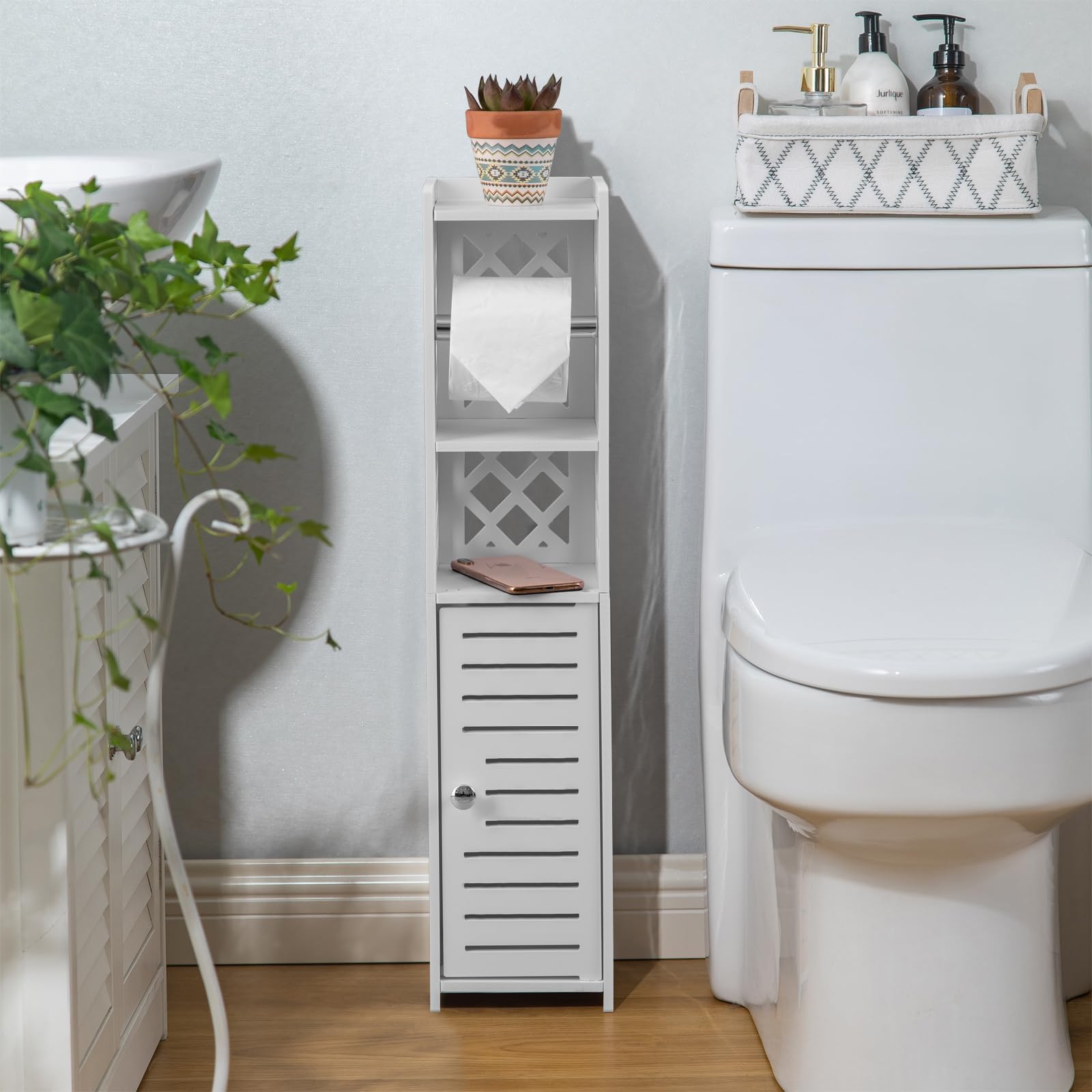 White Slim Toilet Paper Storage Cabinet with Holder Stand - Space Saving Bathroom Organizer for Small Spaces | Perfect for Apartments, RVs & Compact Bathrooms by H HUIYKALY