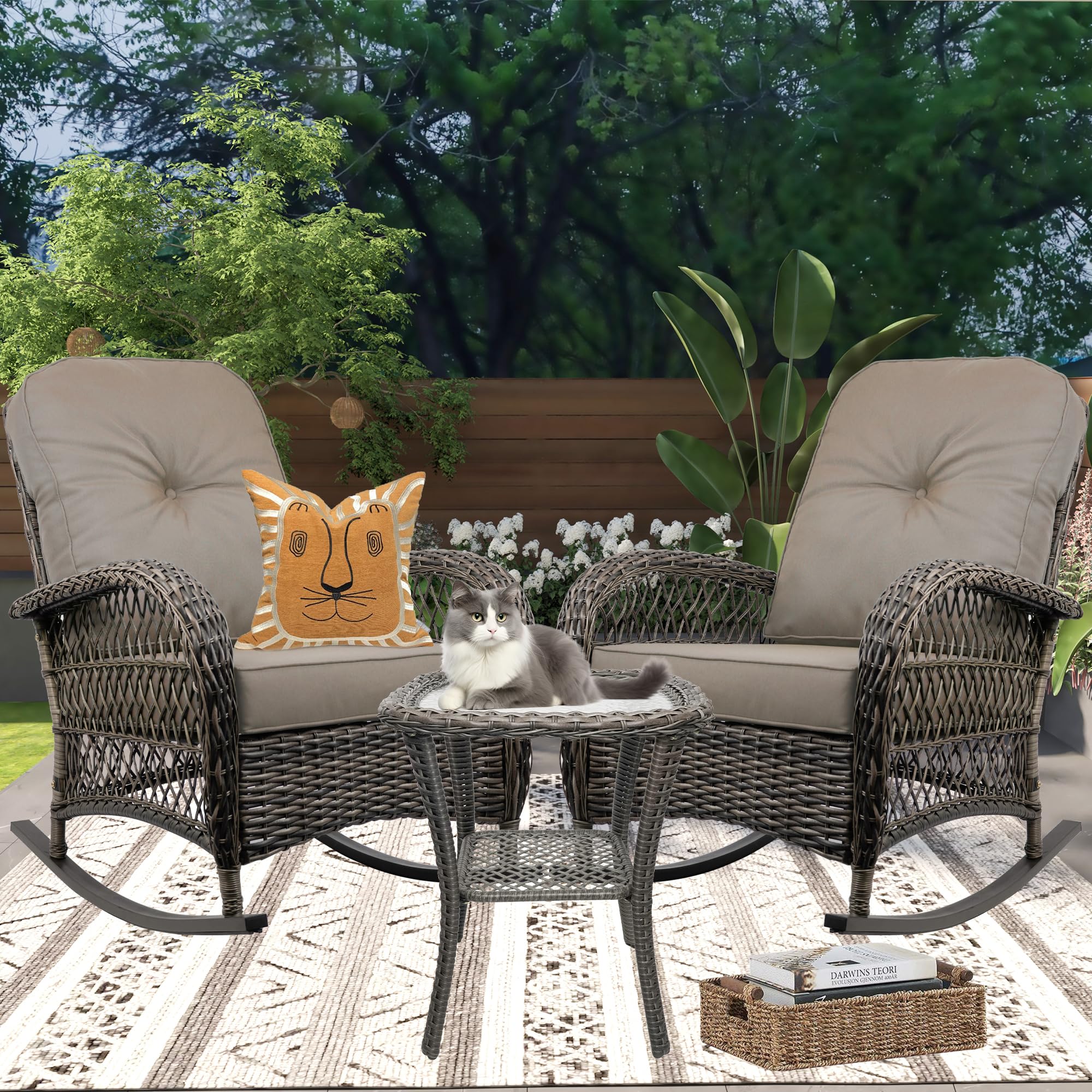 All-Weather Brown Resin Wicker Rocking Chair - Outdoor Garden, Backyard, Lawn & Porch Furniture - Perfect for Relaxing & Lounging in Sun or Shade