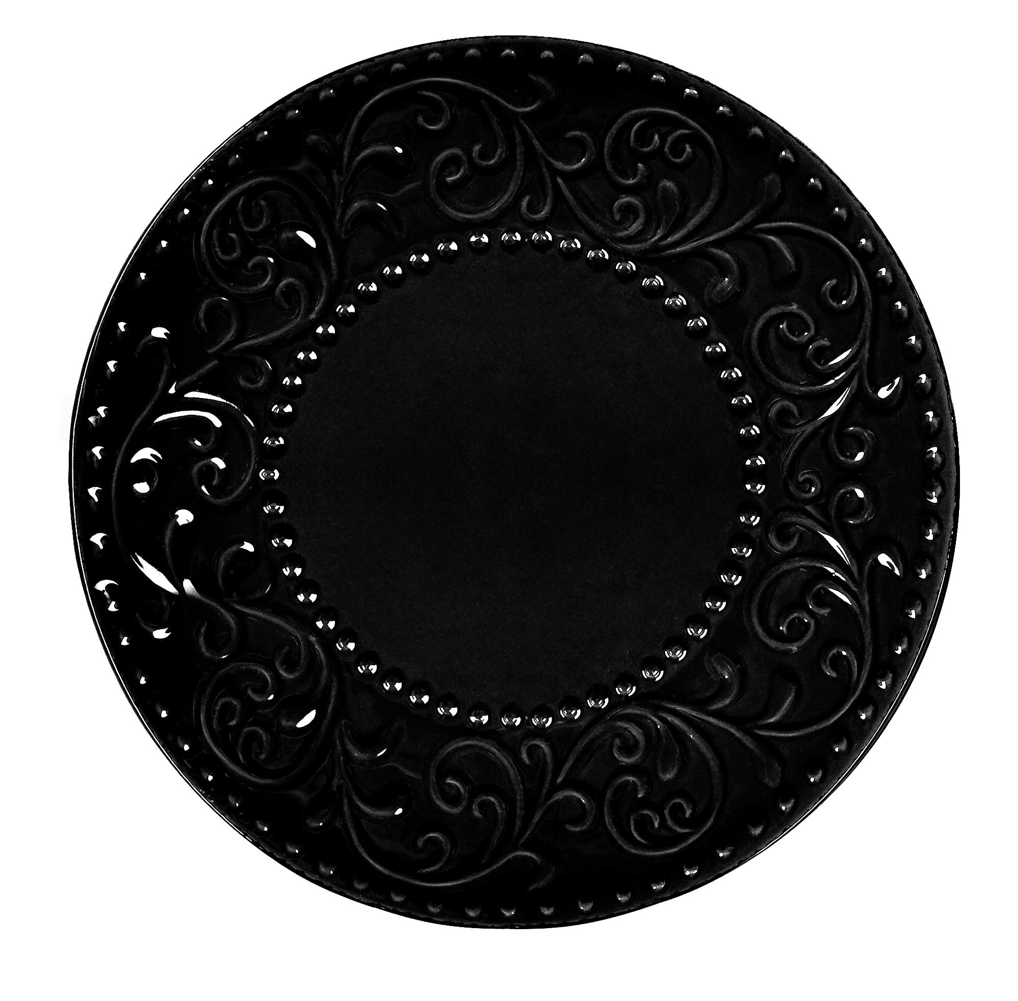 Elegant Modern Black Stoneware Scroll Dinnerware Set - 16 Piece Dish Set for Hosting, Parties, Events & Everyday Dining - Durable Ceramic Plates & Bowls for Family Meals & Entertaining
