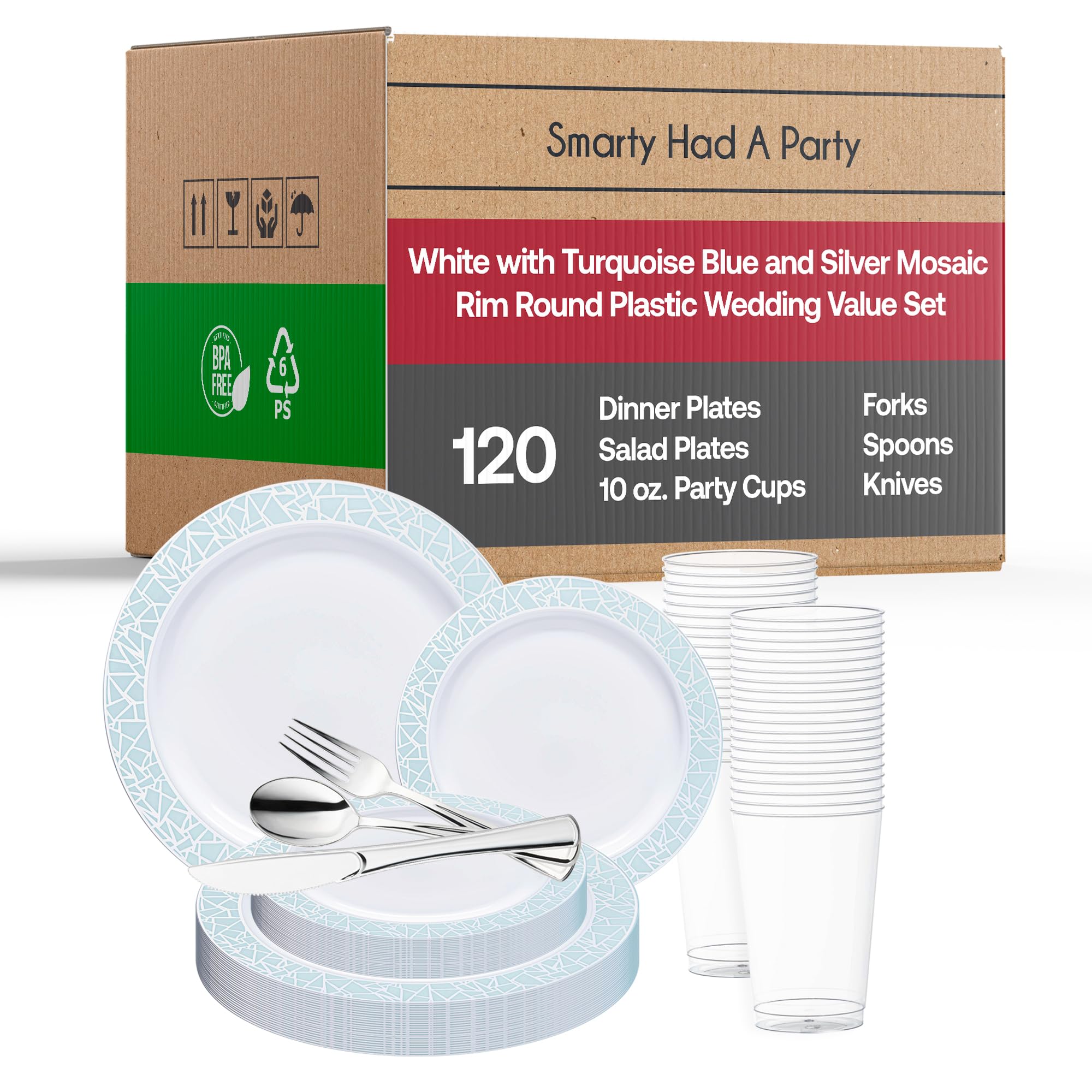 Elegant Disposable Plastic Dinnerware Set for 120 Guests - White with Blue & Silver Mosaic Design, Includes Dinner Plates, Salad Plates, Cutlery & Cups | Perfect for Weddings, Birthday Parties, Catering Events & Special Occasions