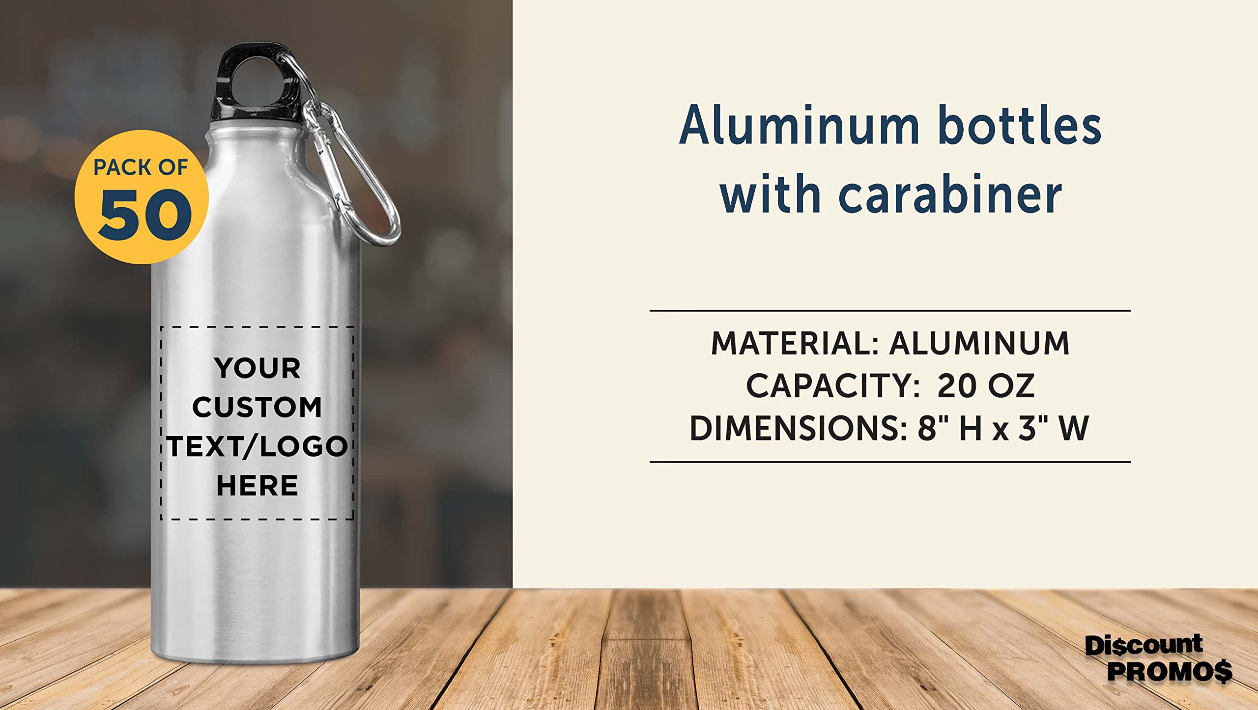 Custom 20 oz Aluminum Water Bottles Bulk Pack of 50 - Personalized Gym & Hiking Bottles - Eco-Friendly Reusable Drinkware for Sports, Office, Camping & Outdoor Activities - Silver