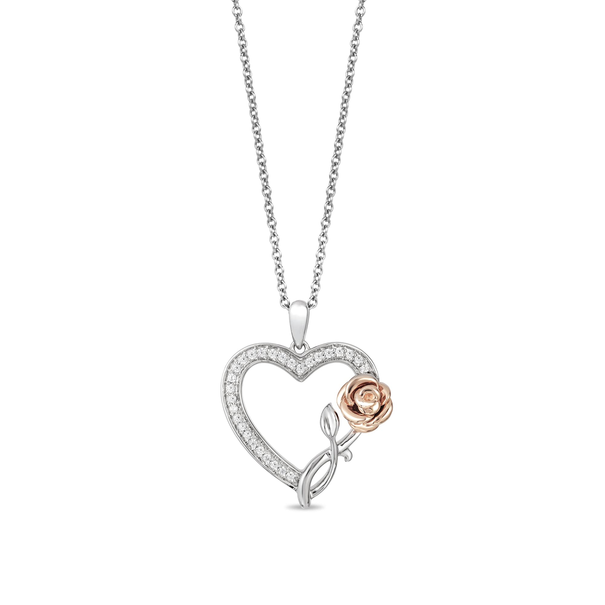 Enchanted Disney Belle Rose Heart Pendant - 10K Rose Gold & Sterling Silver with 1/6 CTTW Diamonds | Fine Jewelry Gift for Women | Perfect for Anniversaries, Birthdays & Special Occasions