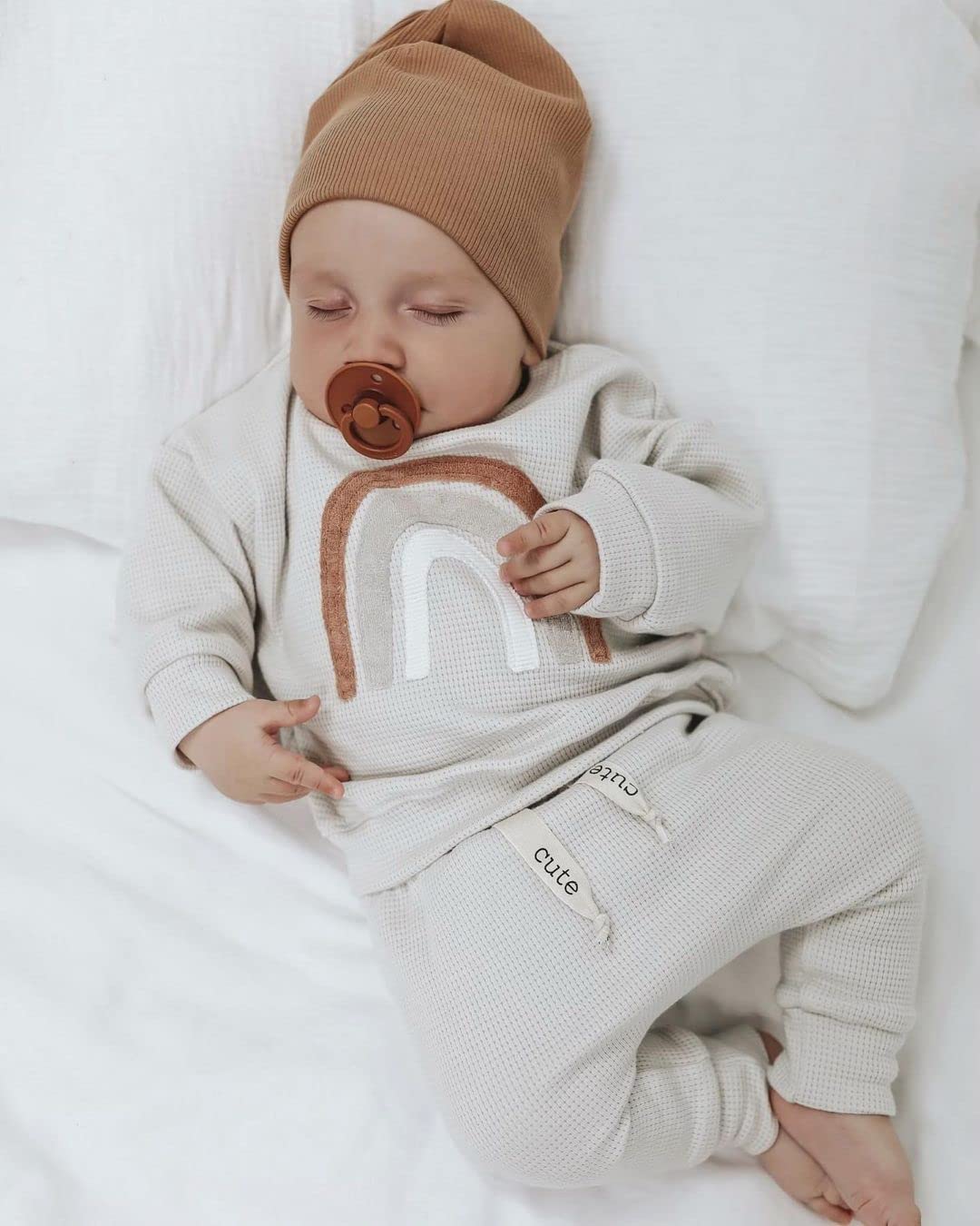 Newborn Baby Girl & Boy Fall Winter Outfit Set - Waffle Long Sleeve Pullover Sweatshirt & Drawstring Pants | Cozy Winter Wear for Infants, Photo Shoots & Holiday Gifts