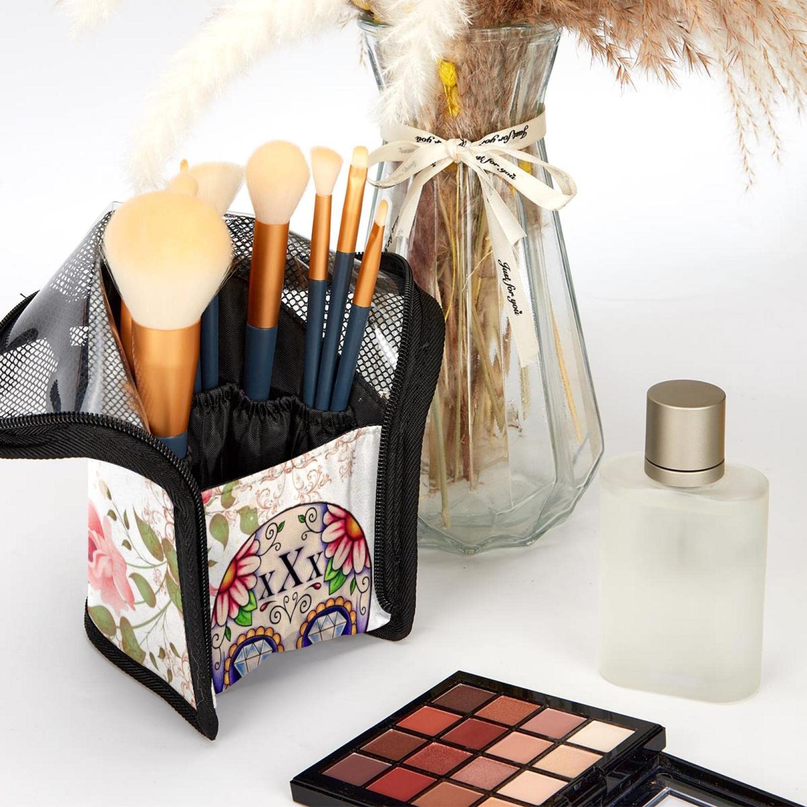 Floral Skulls & Flowers Makeup Brush Organizer Bag with 12 Brush Holder Pockets - Portable Travel Cosmetic Brush Case for Professional Makeup Artists & Beauty Enthusiasts - Perfect for Home, Travel & Salon Use