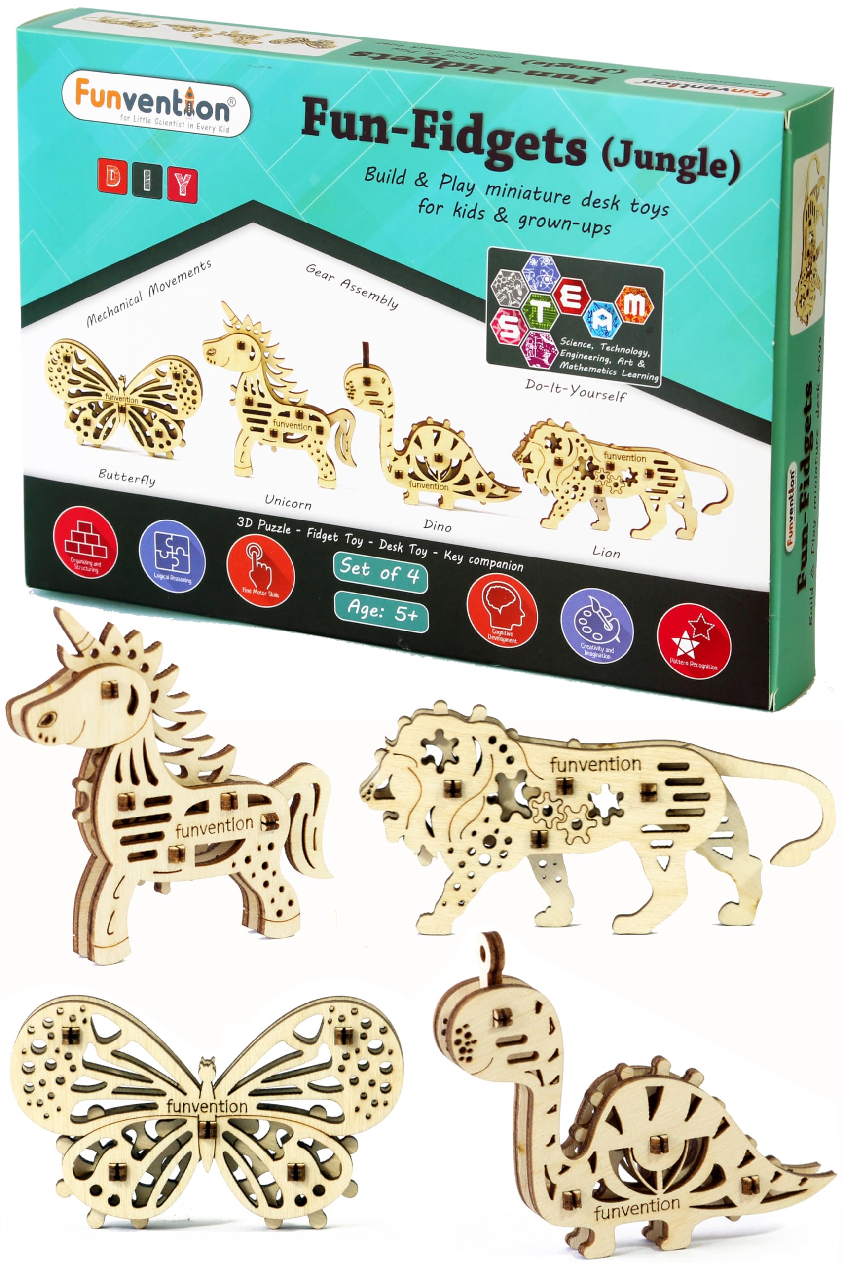 Funvention STEM Learning 3D Puzzle Kit - DIY Miniature Mechanical Lion, Unicorn, Dinosaur & Butterfly Models for Kids | Educational Wooden Fidget Toys | Science Experiment & Engineering Project for Children | Perfect for Classroom Activities, Birthday Gifts & Creative Play
