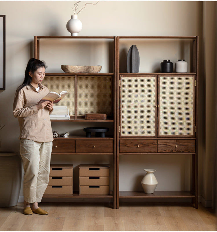 Solid Black Walnut & Ash Wood Bookshelf Display Cabinet - Modern Bookcase for Living Room, Office & Library Storage