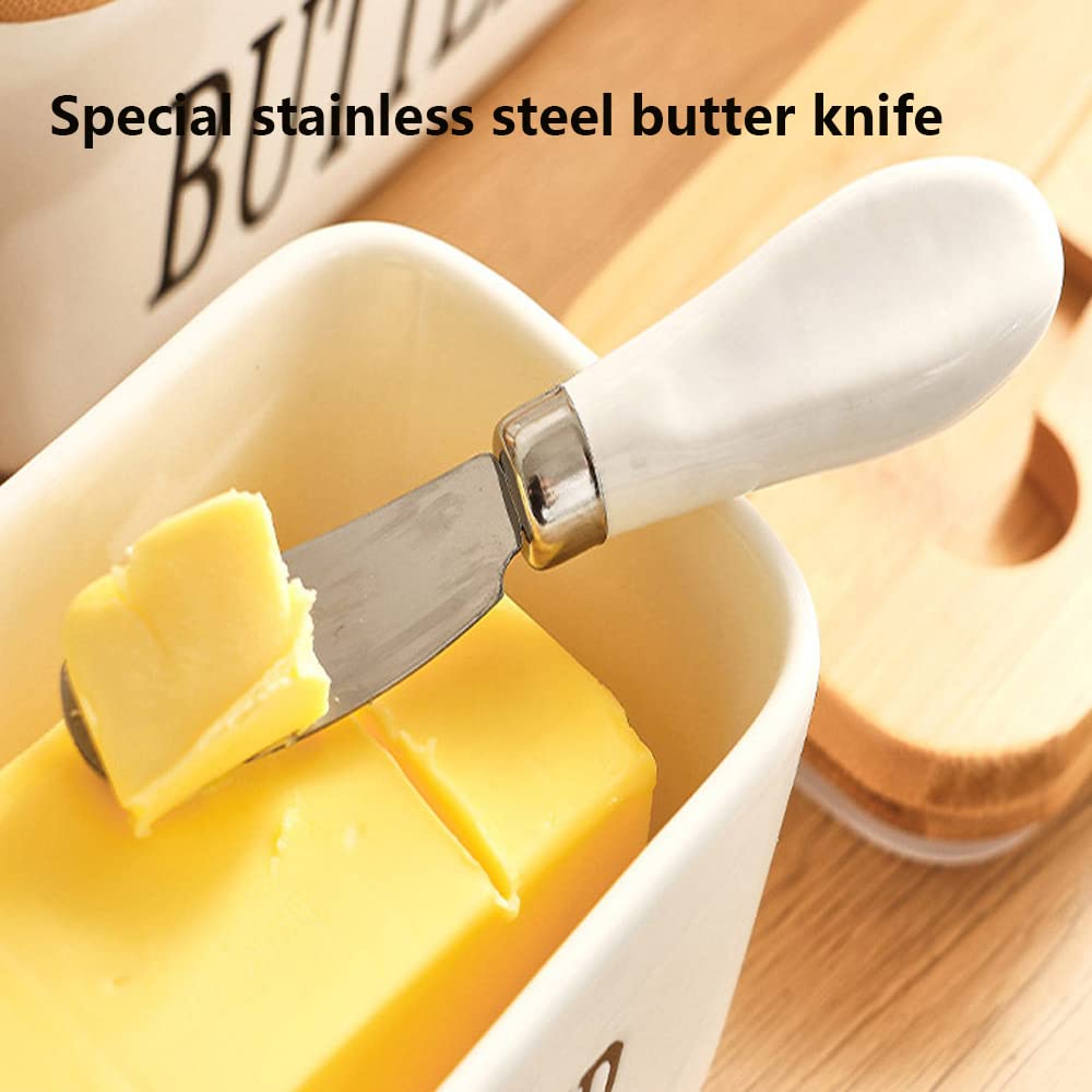 Ceramic Butter Dish with Lid - Large Butter Keeper Container with Bamboo Cover & Silicone Seal - Includes Butter Knife - Perfect for Kitchen, Dining Table, and Gift Giving - Ideal for Keeping Butter Fresh at Room Temperature