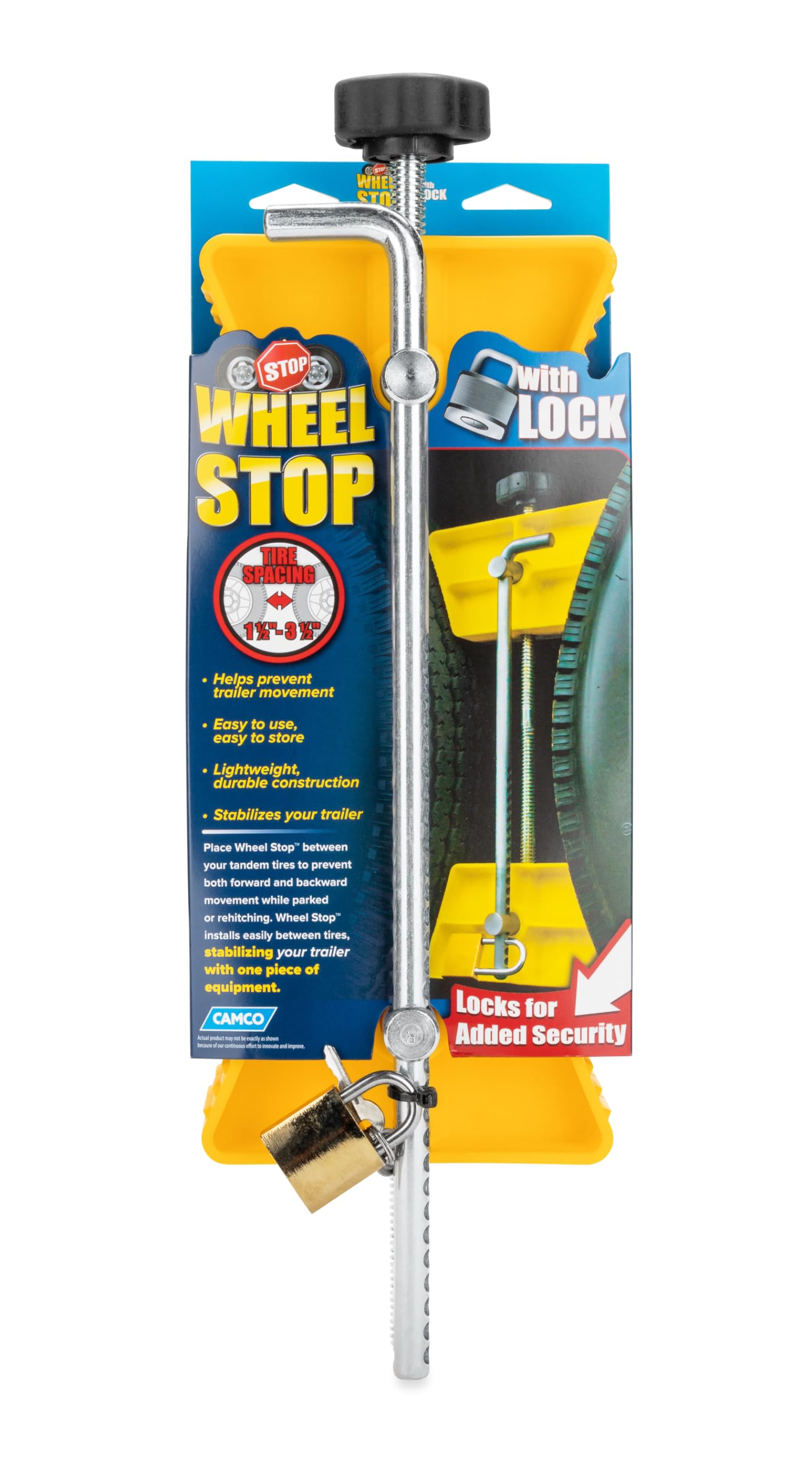 Camco Small RV Wheel Stop with Lock - Heavy Duty Trailer Stabilizer for 26