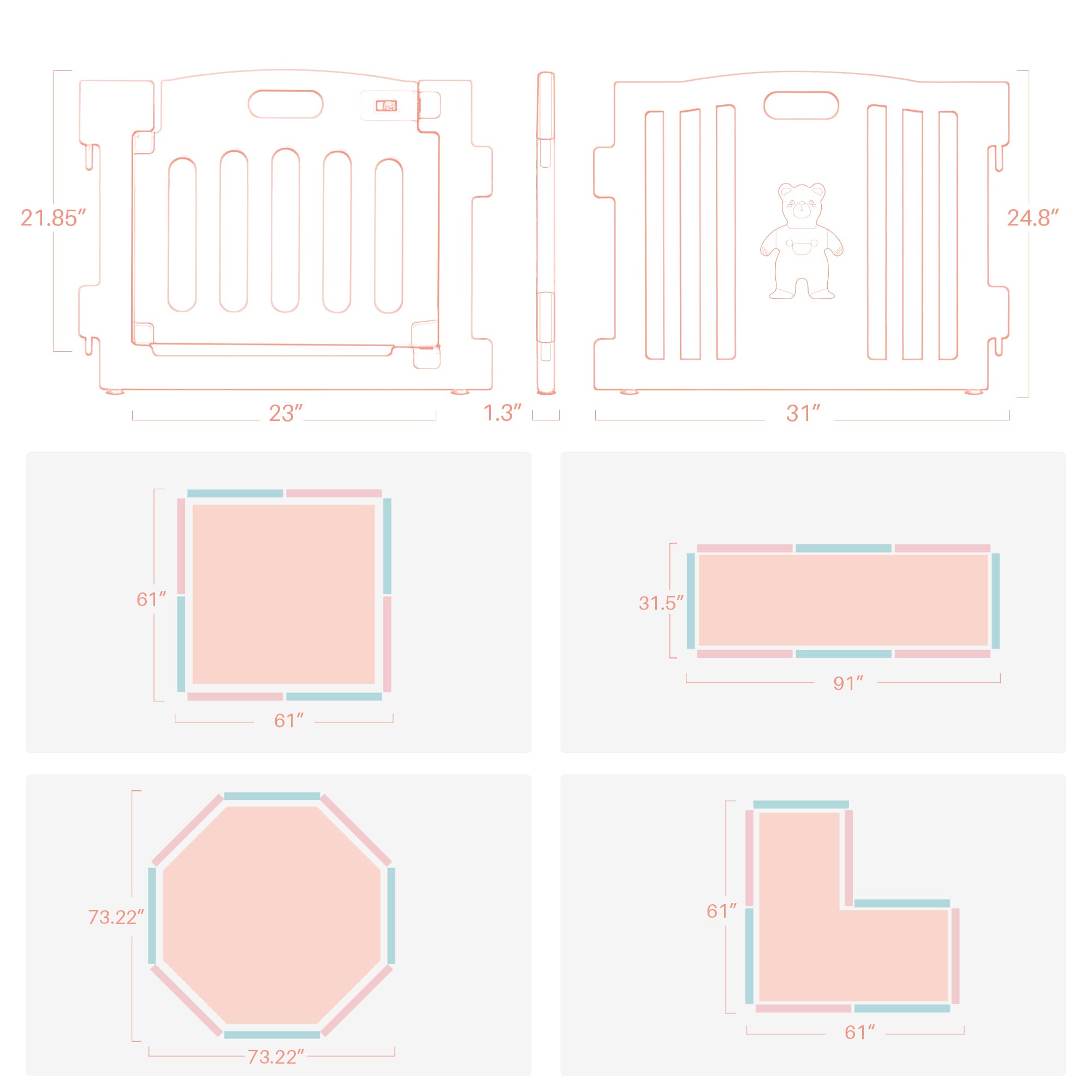 Kidzone 8-Panel Baby Playpen with Safety Gate - ASTM Certified Toddler Play Yard for Indoor & Outdoor Use - Anti-Fall Activity Center for Kids (Pink/Blue) - Perfect for Playrooms, Daycares & Backyards